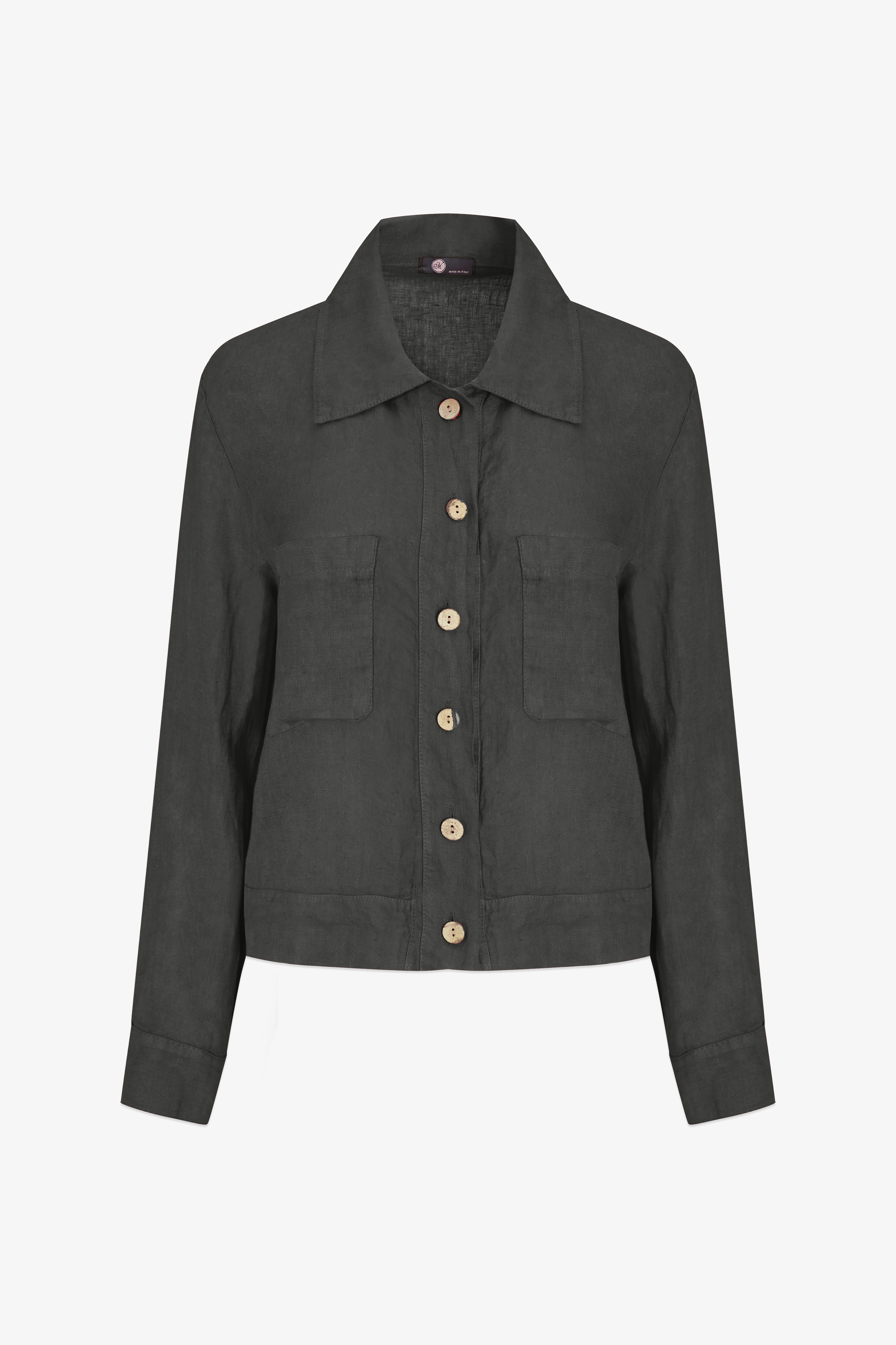 Veston en lin avec revers classiques et poches latérales, disponible en noir profond et brun terreux.