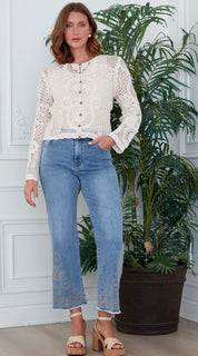 Jeans Délavé Broderies au bas Longueur Cheville