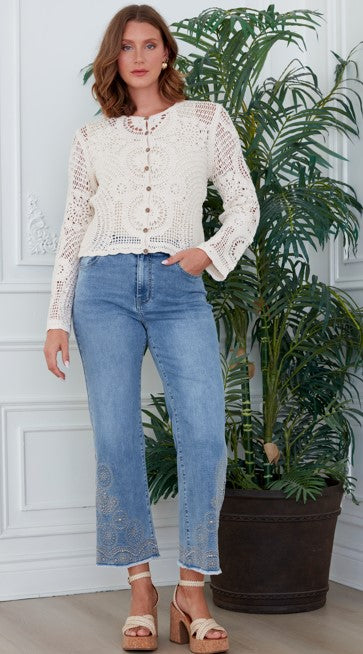 Jeans Délavé Broderies au bas Longueur Cheville