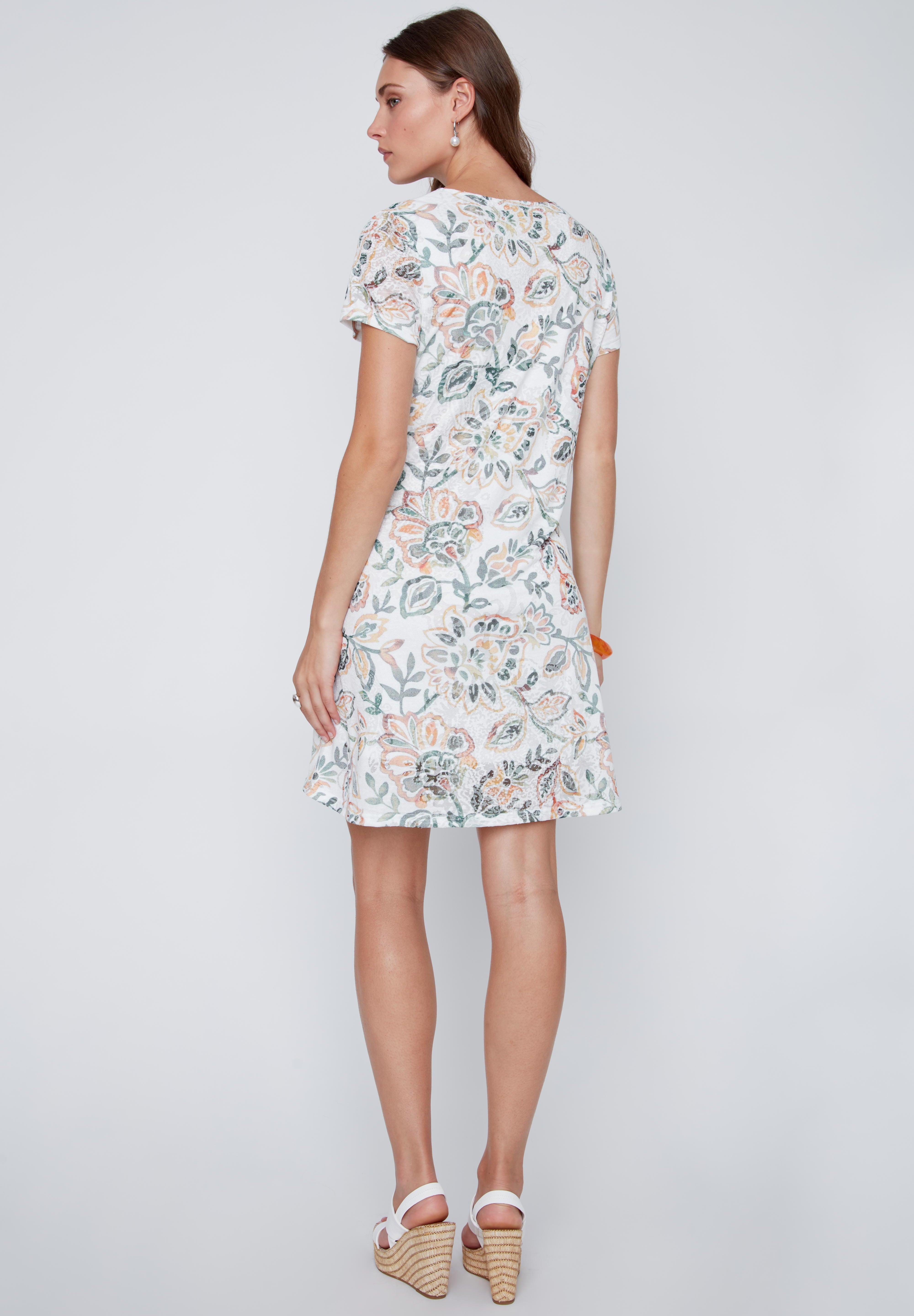 Robe T-Shirt Col Rond avec Imprimé de Fleurs