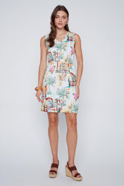 Robe d’été sans manches ceintrée avec col en V à l’avant et au dos, imprimé tropical avec paniers et fleurs et strass au buste.