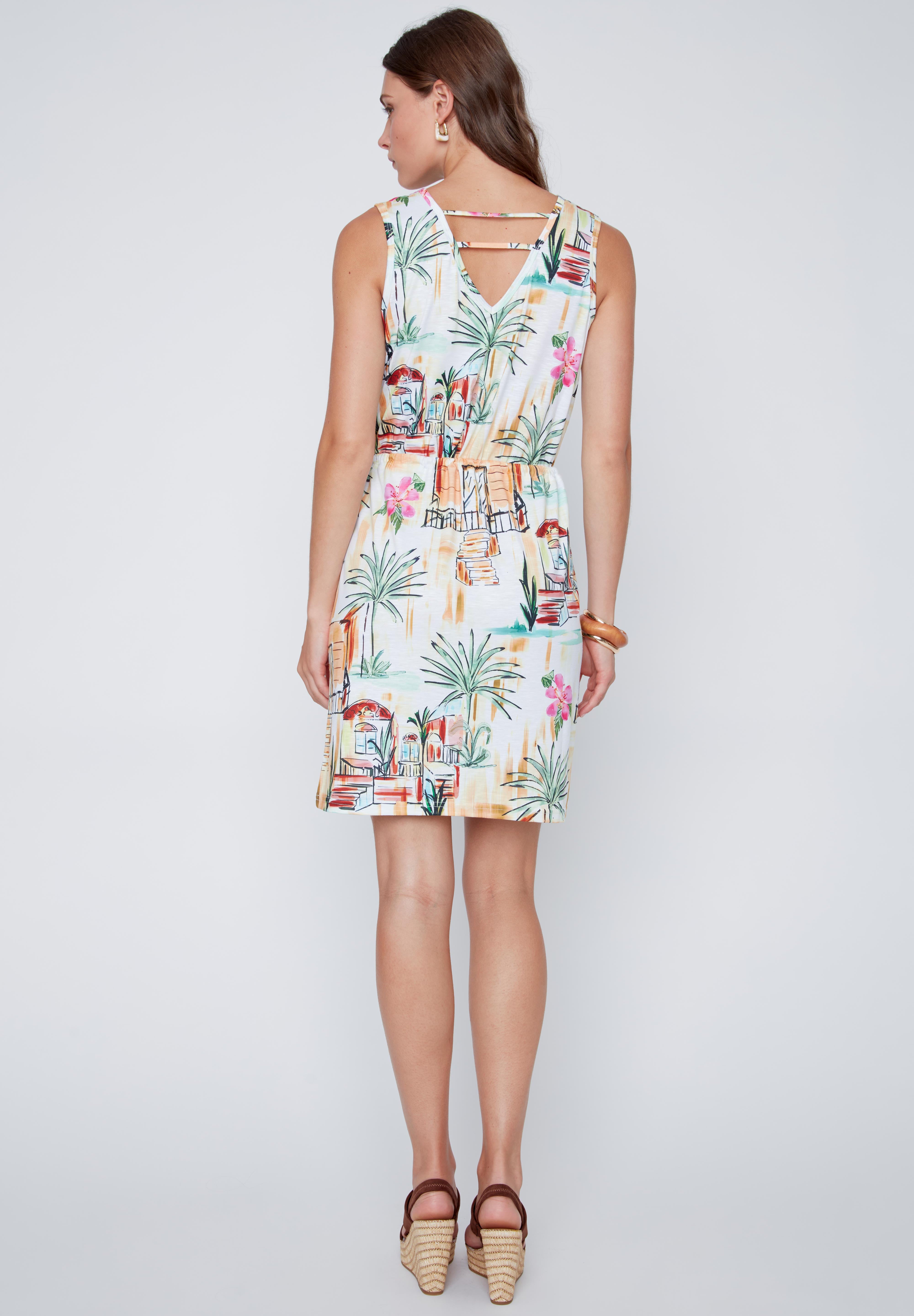 Robe sans Manche Ceintrée Imprimé Tropical