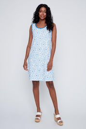 Robe sans manches avec imprimé de fleurs bleues, tissu léger et infroissable, style estival et féminin