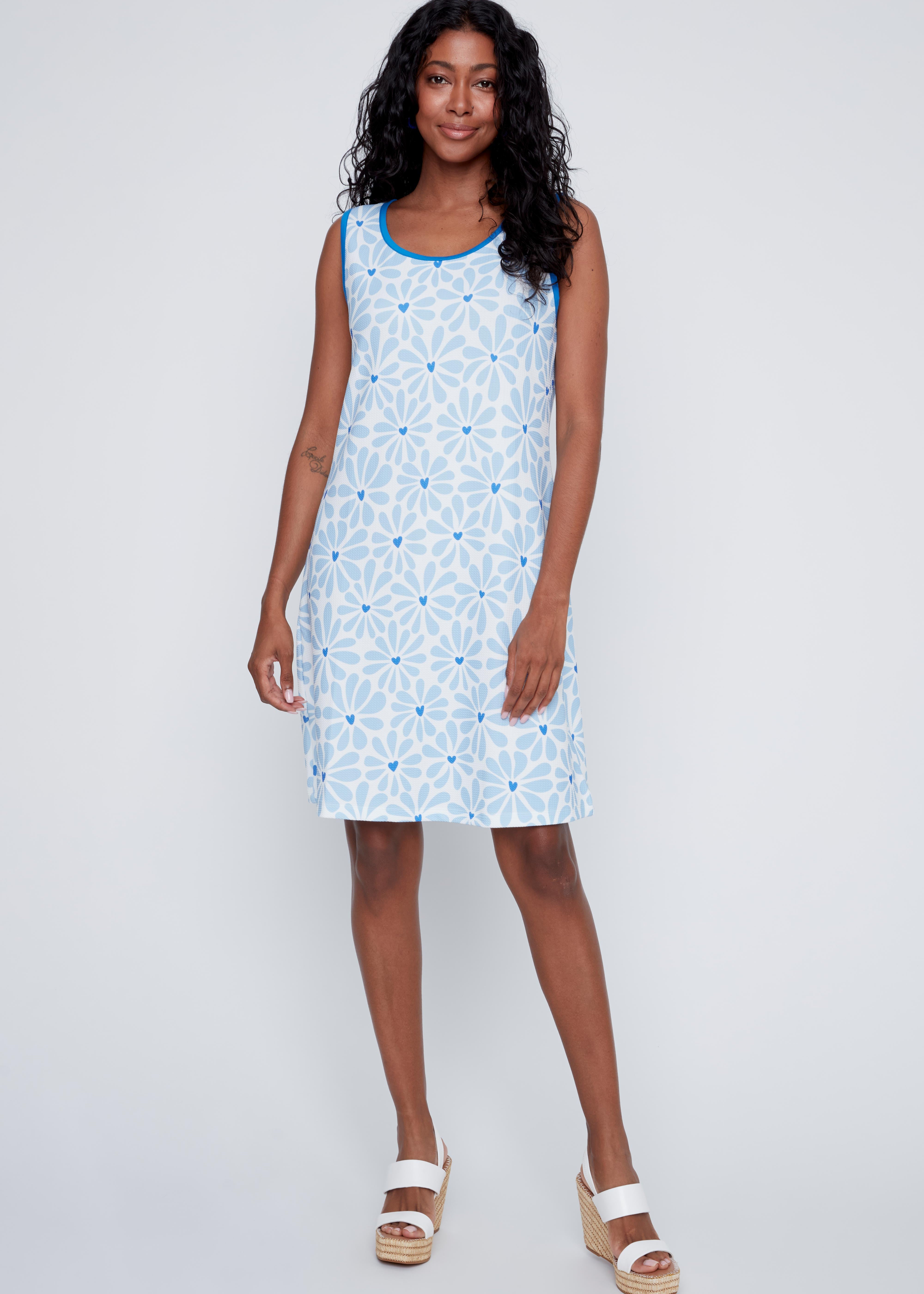 Robe sans manches avec imprimé de fleurs bleues, tissu léger et infroissable, style estival et féminin