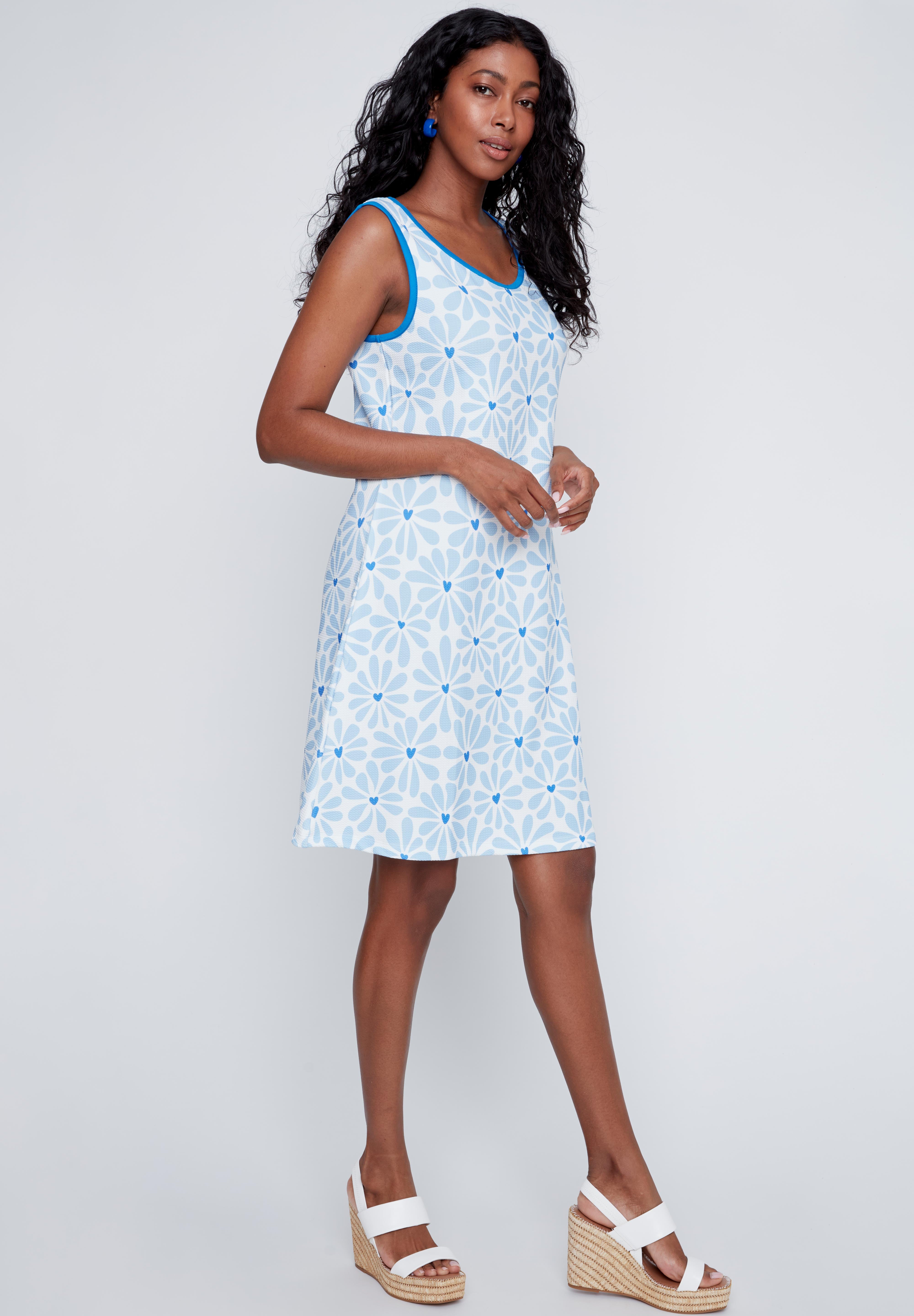 Robe sans Manche Imprimé de Fleurs Bleues