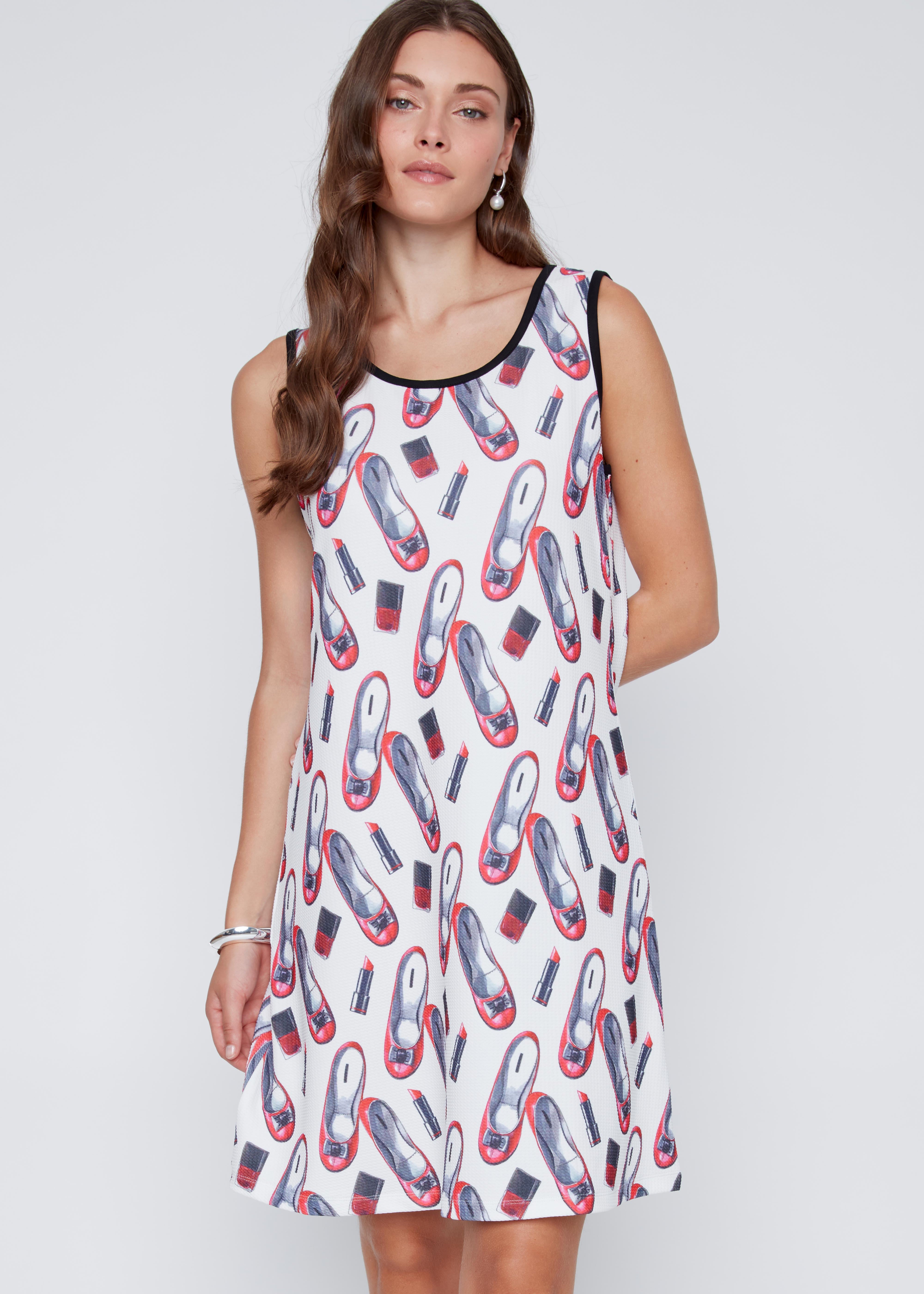 Robe blanche sans manches avec imprimé de souliers ballerines, tissu léger et infroissable, style original et féminin