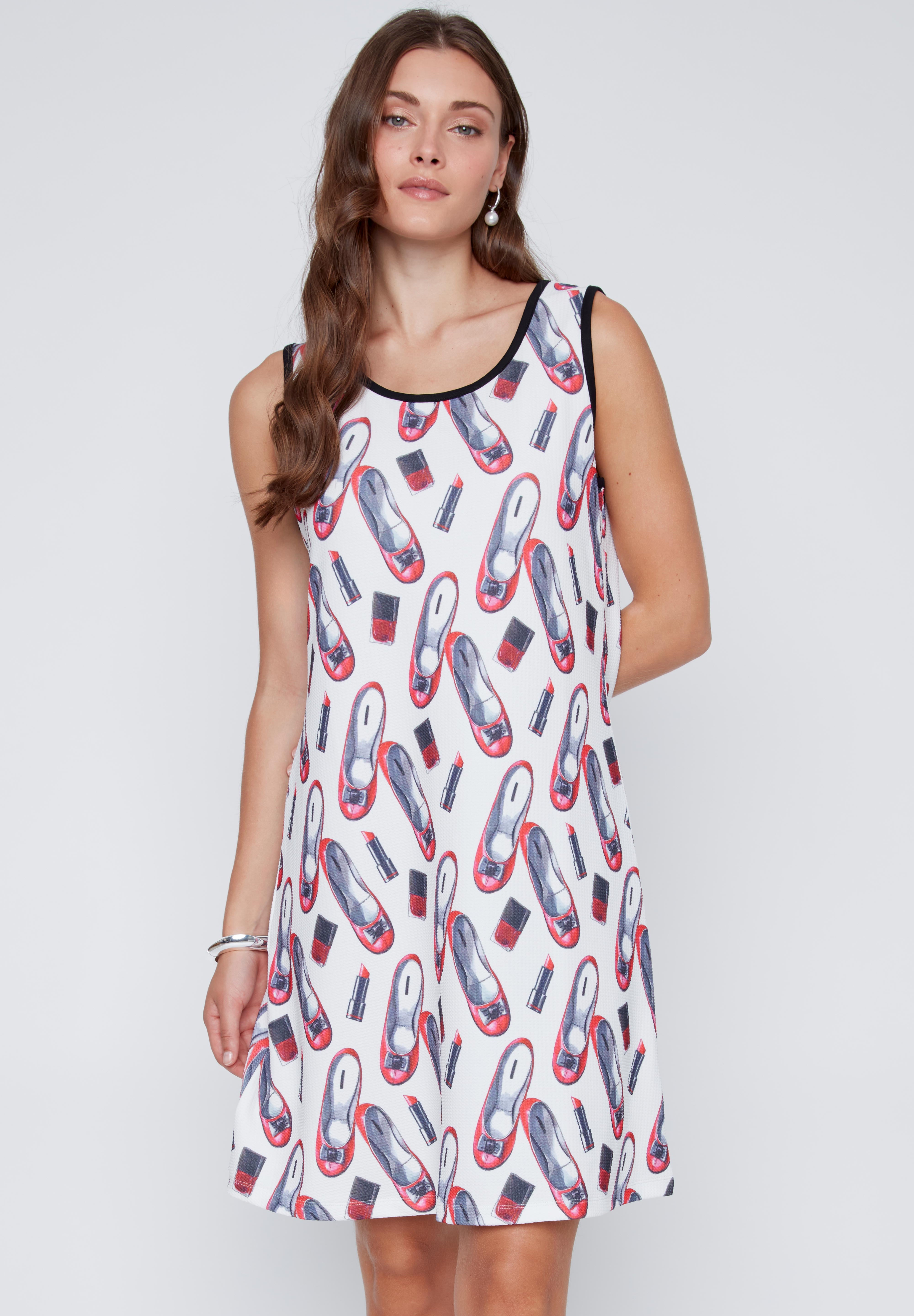 Robe blanche sans manches avec imprimé de souliers ballerines, tissu léger et infroissable, style original et féminin