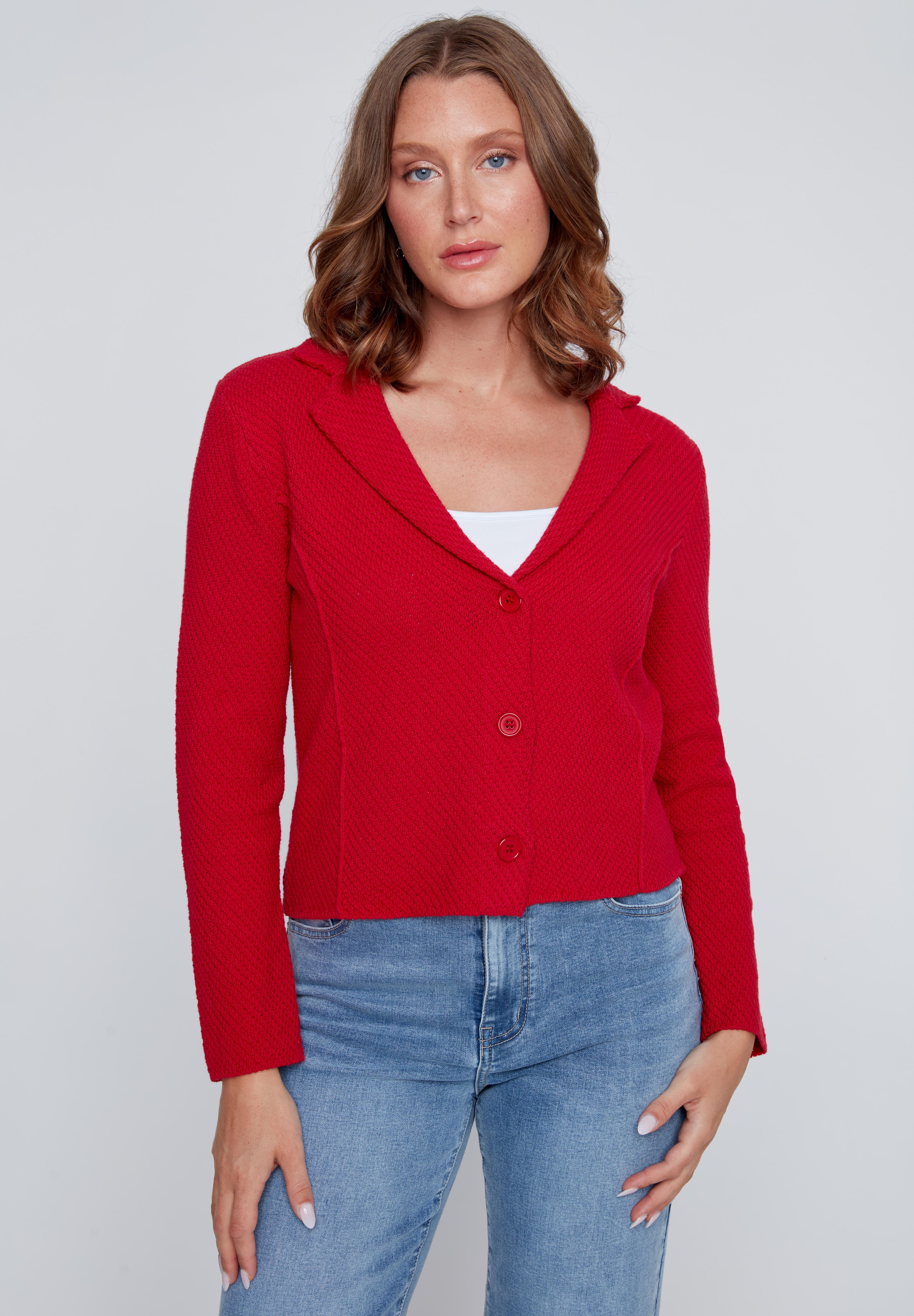 Veston en tricot extensible 100 % coton, offert en rouge, blanc et bleu, style chic et polyvalent à porter au quotidien ou en soirée.
