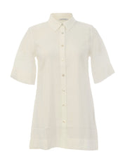 Blouse tunique à manches trois quarts avec boutons en coquillage et belle longueur, style léger et élégant.