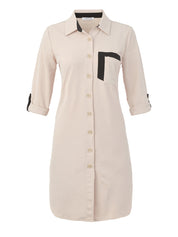 Robe chemisier beige avec manches 3/4, style élégant et tissu fluide.