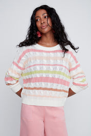 Chandail en tricot rayé à manches longues, tissu en coton confortable, style classique et coloré
