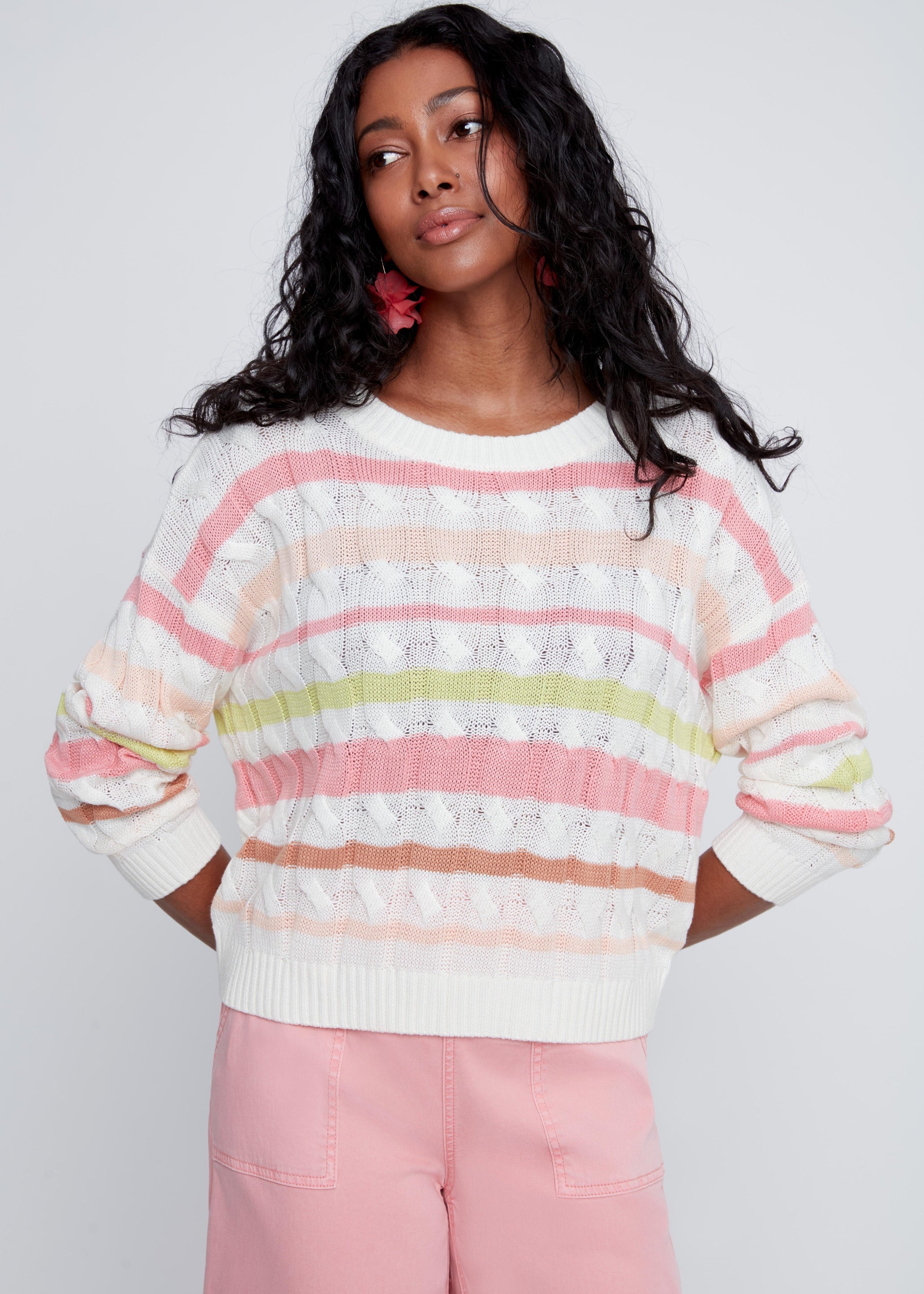 Chandail en tricot rayé à manches longues, tissu en coton confortable, style classique et coloré