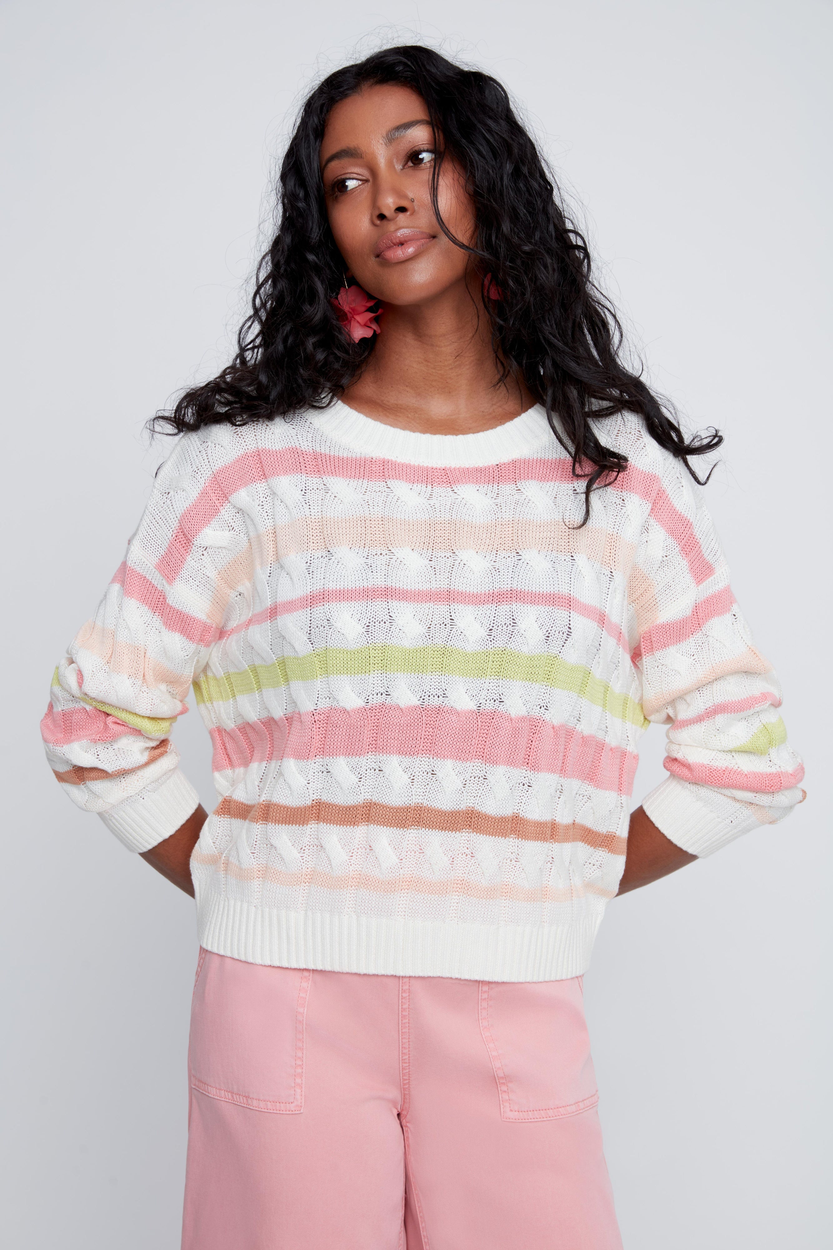 Chandail en tricot rayé à manches longues, tissu en coton confortable, style classique et coloré
