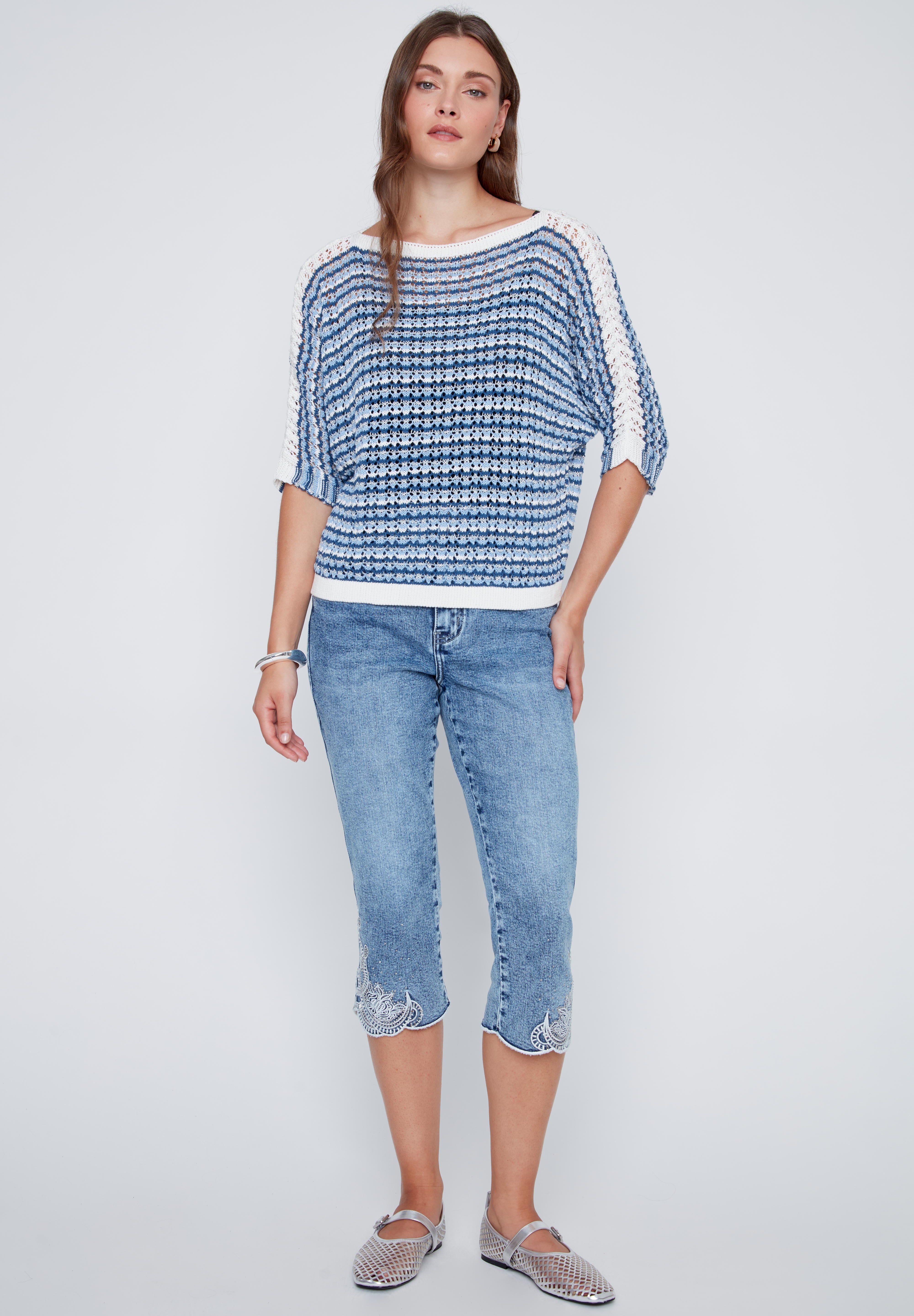 Chandail Rayé en Tricot Léger Ajouré
