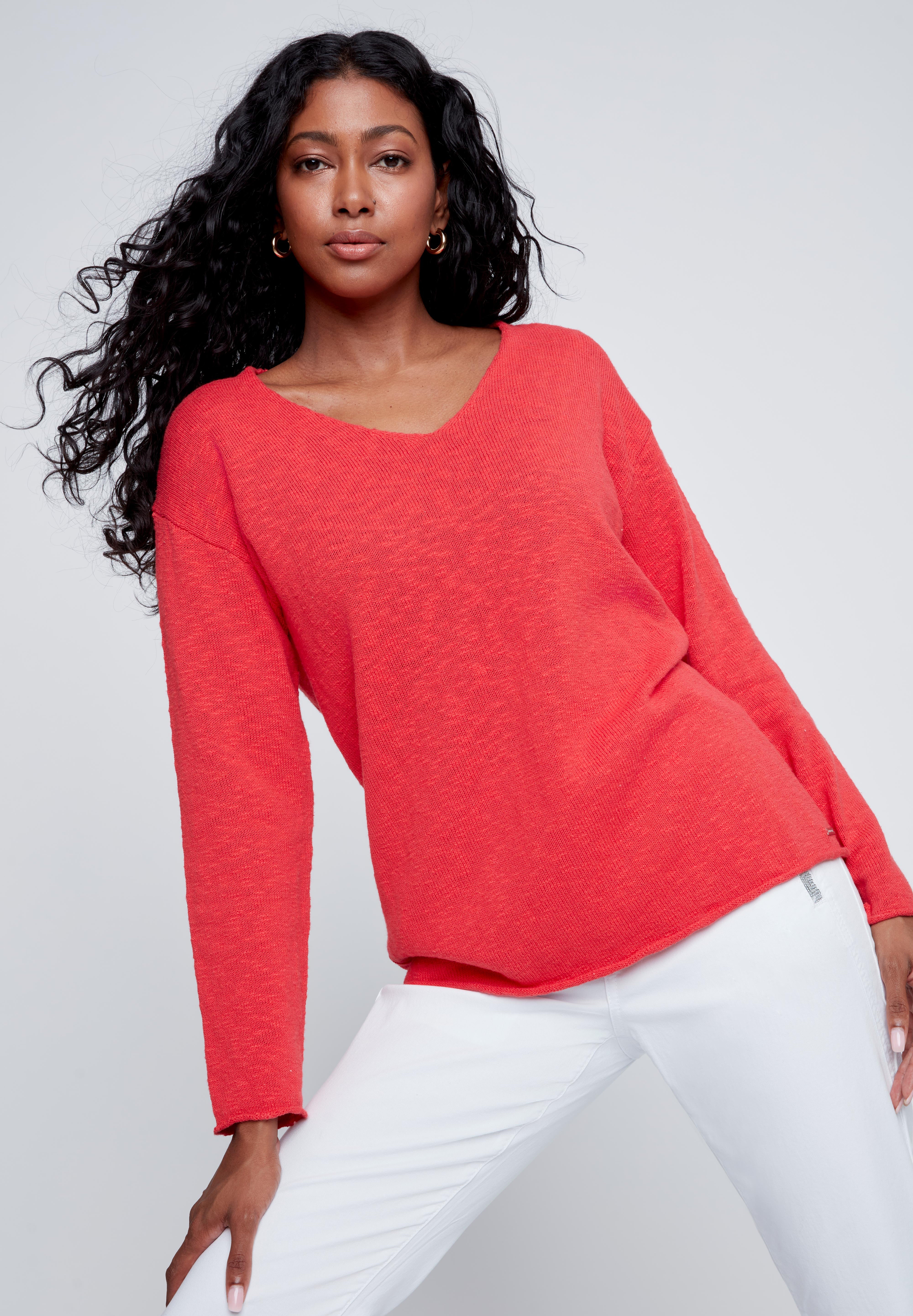 Chandail classique à manches longues en tricot 100 % coton, offert en olive, abricot, blanc, marine, citron et rouge, style confortable et polyvalent.