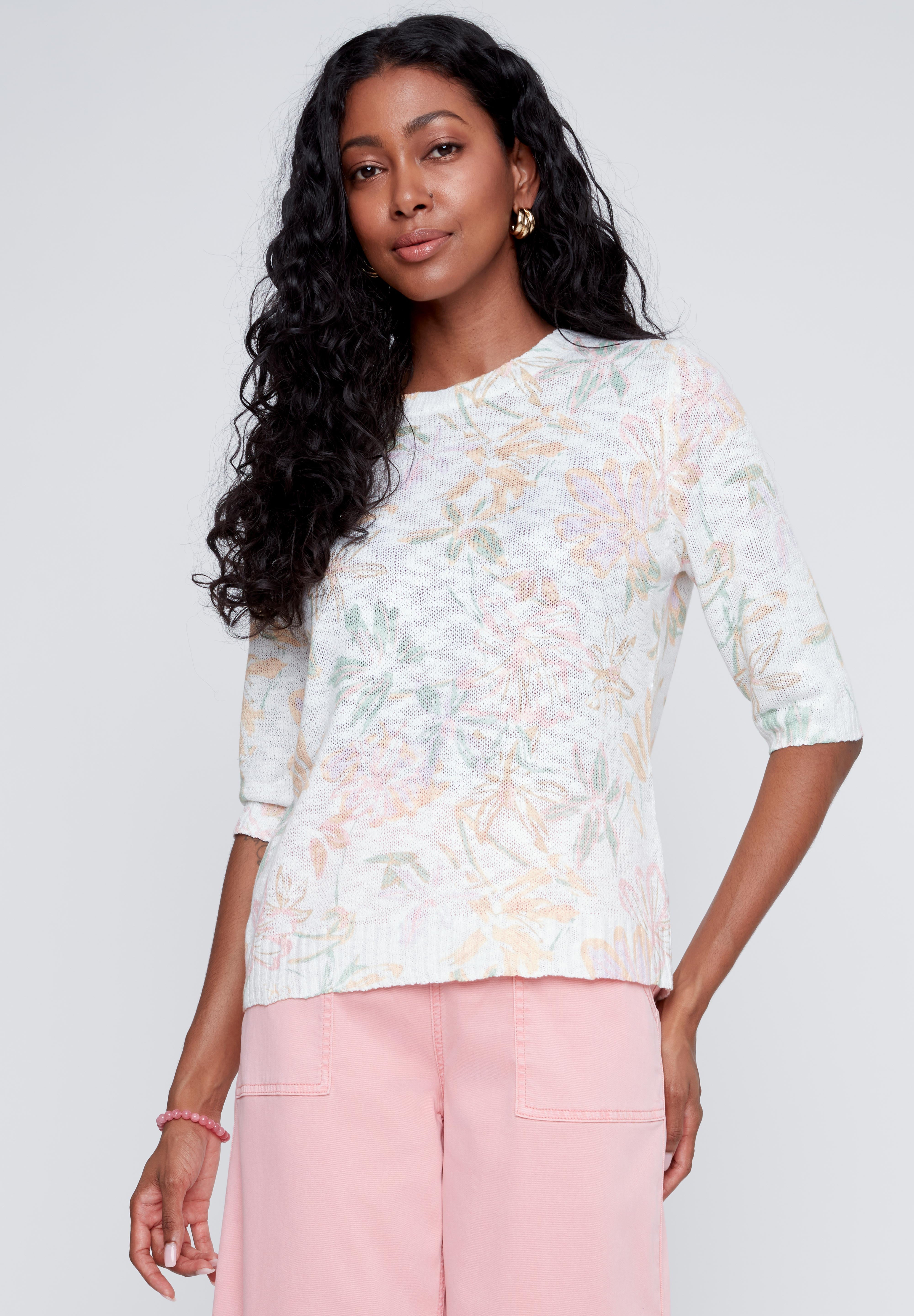 Chandail en tricot ivoire à imprimé fleurs, manches au coude, style féminin et polyvalent.