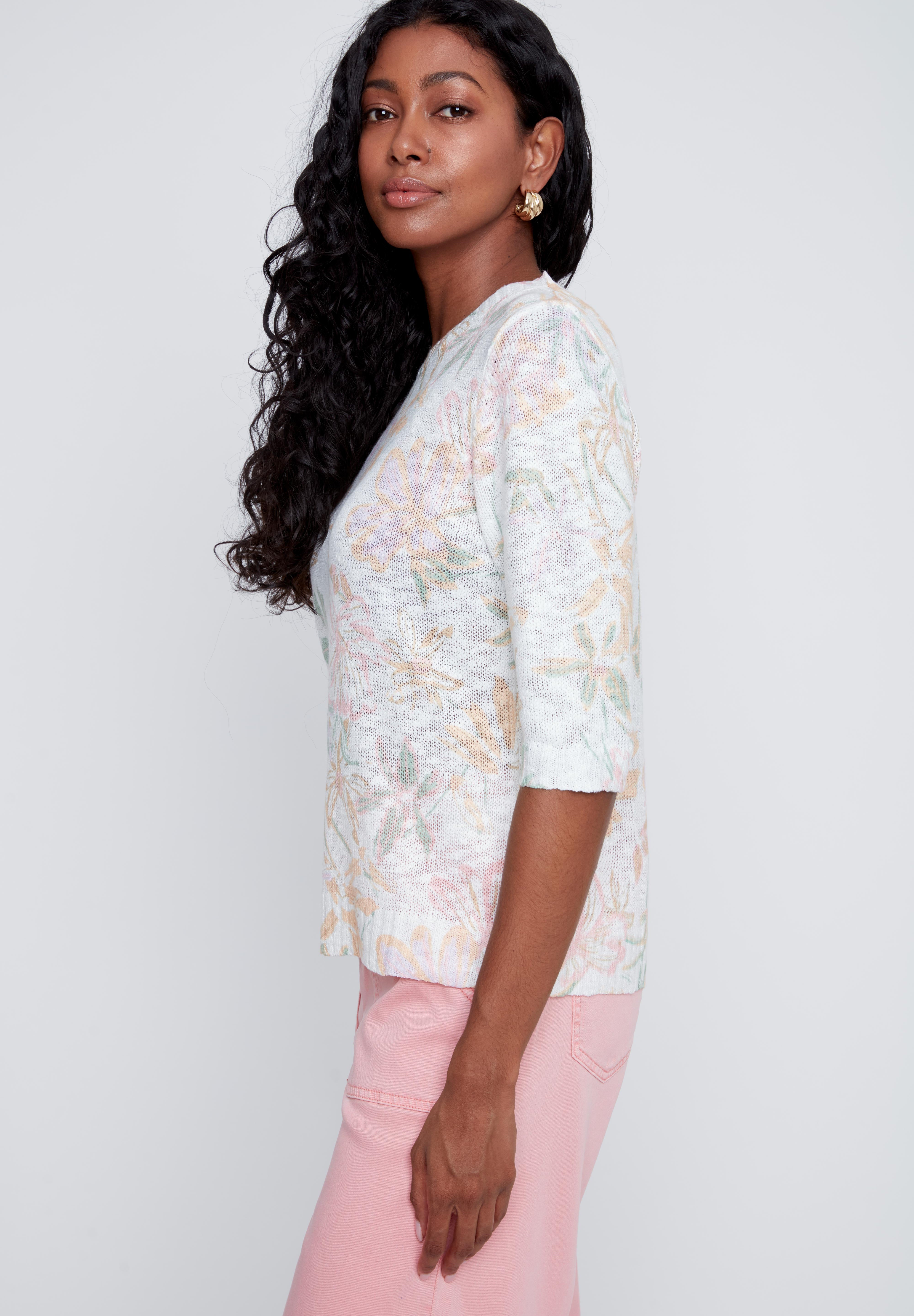 Chandail Manche au Coude en Tricot Imprimé Fleurs