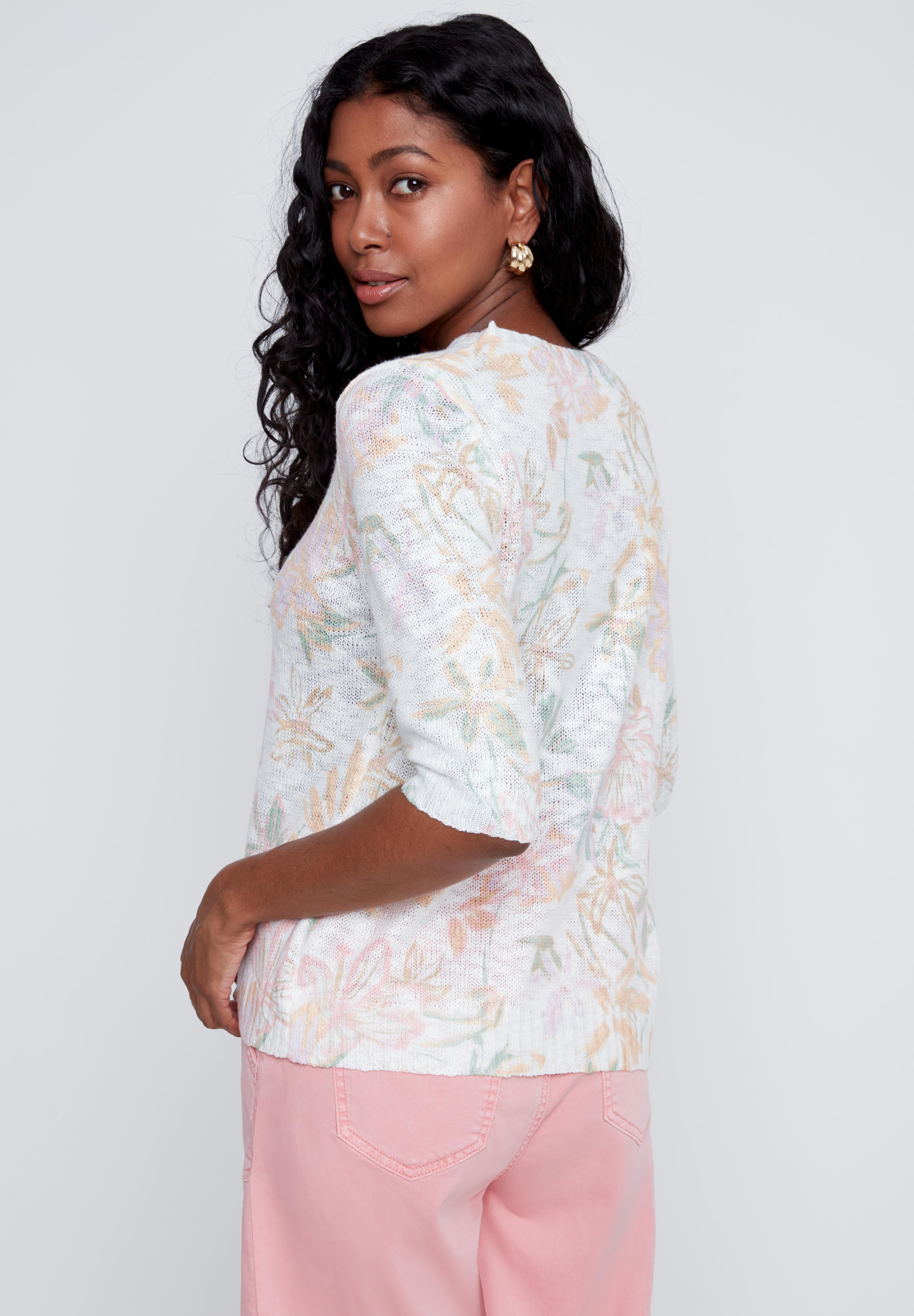 Chandail Manche au Coude en Tricot Imprimé Fleurs