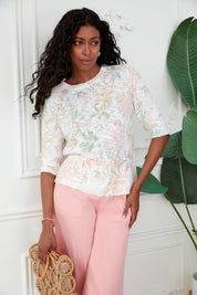 Chandail Manche au Coude en Tricot Imprimé Fleurs