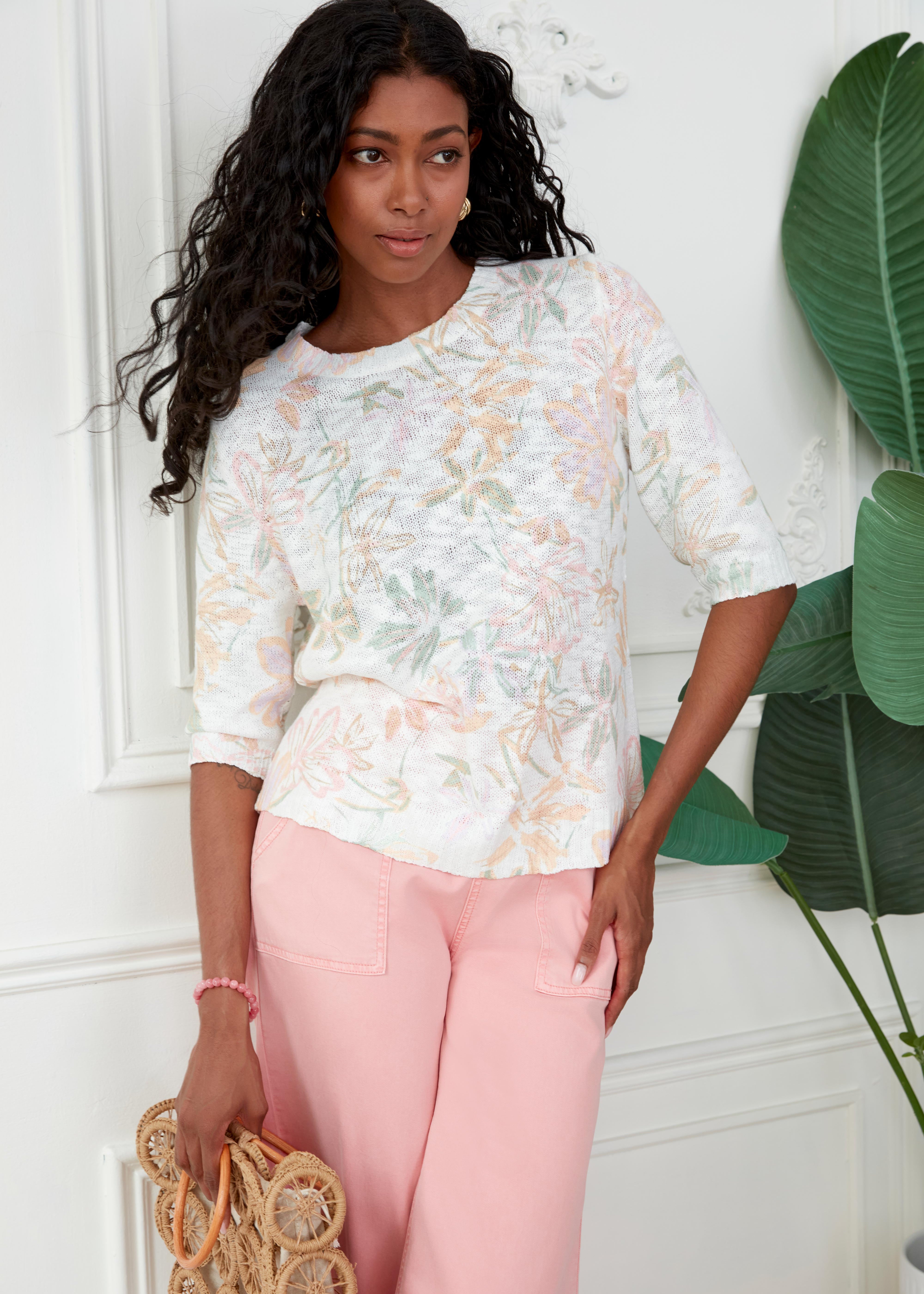 Chandail Manche au Coude en Tricot Imprimé Fleurs
