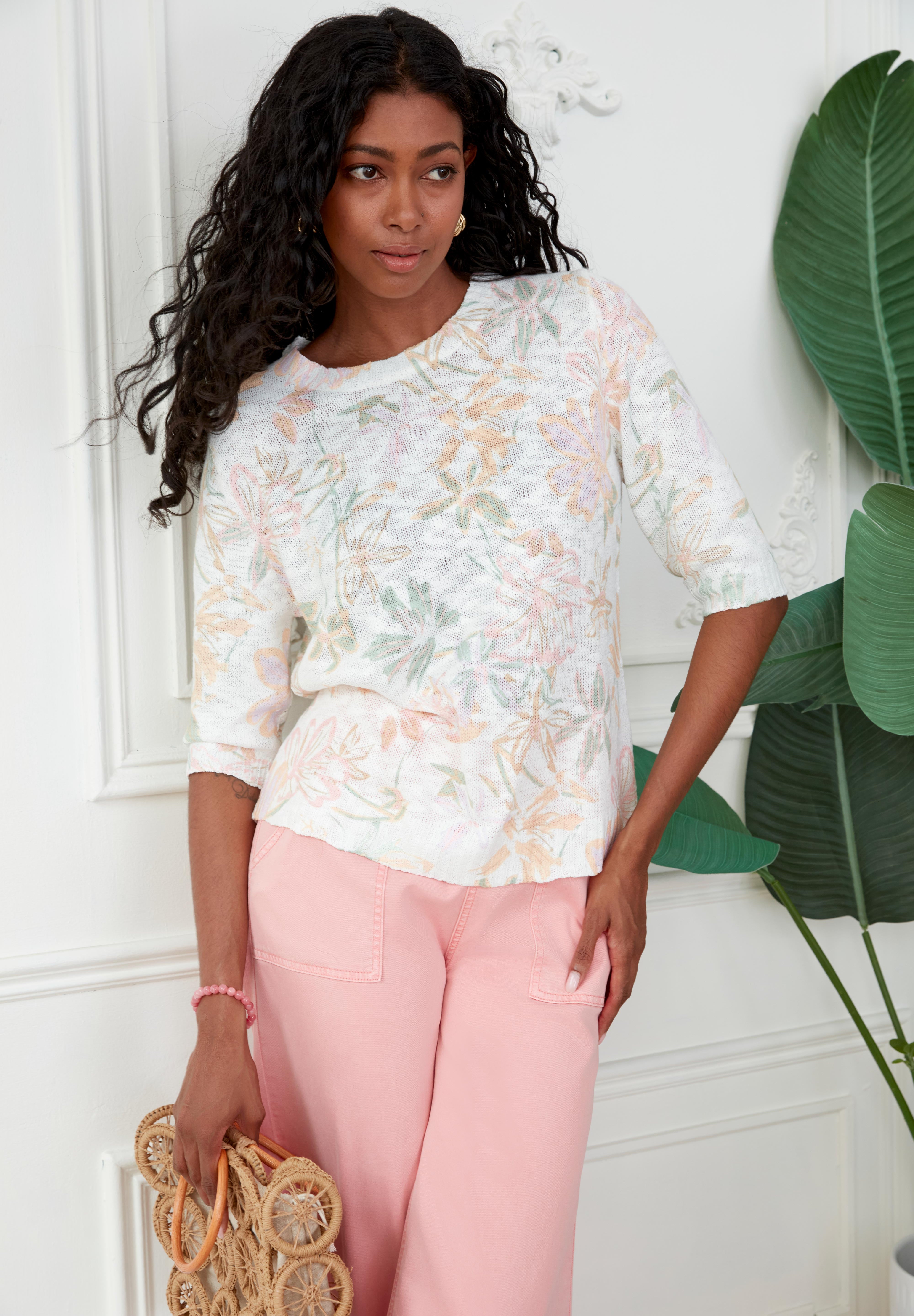 Chandail Manche au Coude en Tricot Imprimé Fleurs