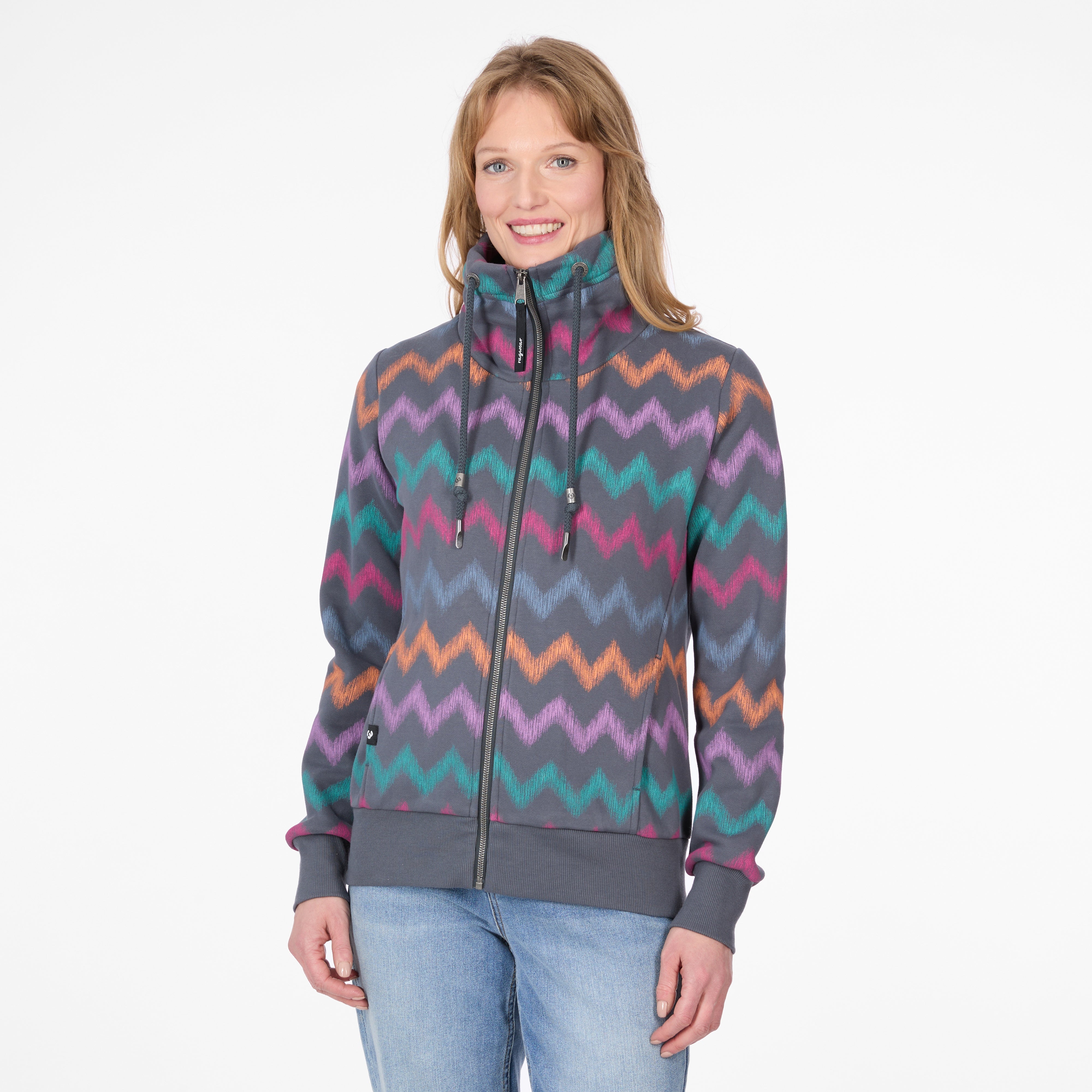 Veste à capuchon gris foncé à motif zigzag multicolore, vue de face