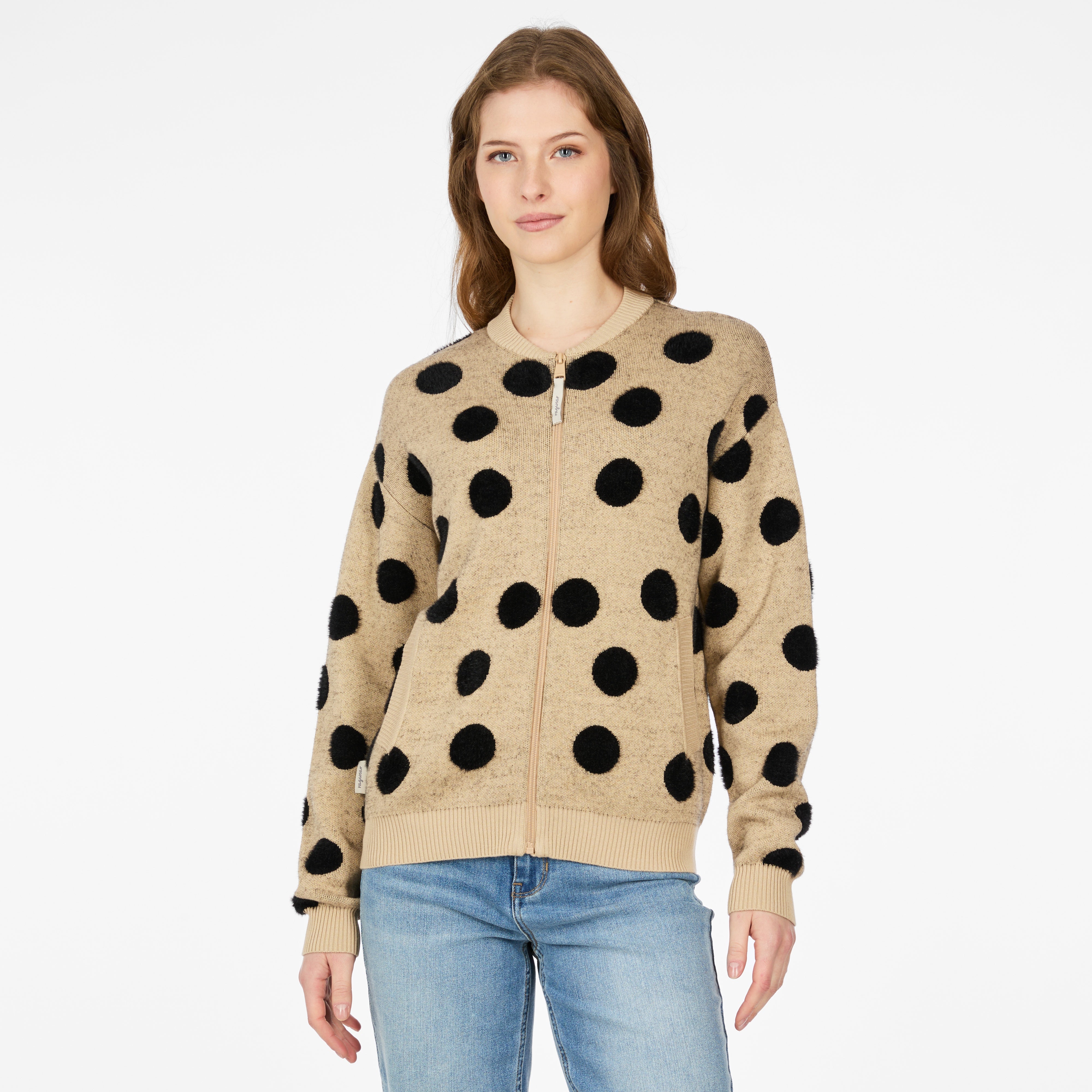 Cardigan beige sable à gros pois noirs et fermeture éclair, vue de face