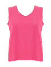 Camisole réversible couleur fuchsia en lin avec boutons au dos, style féminin et estival.