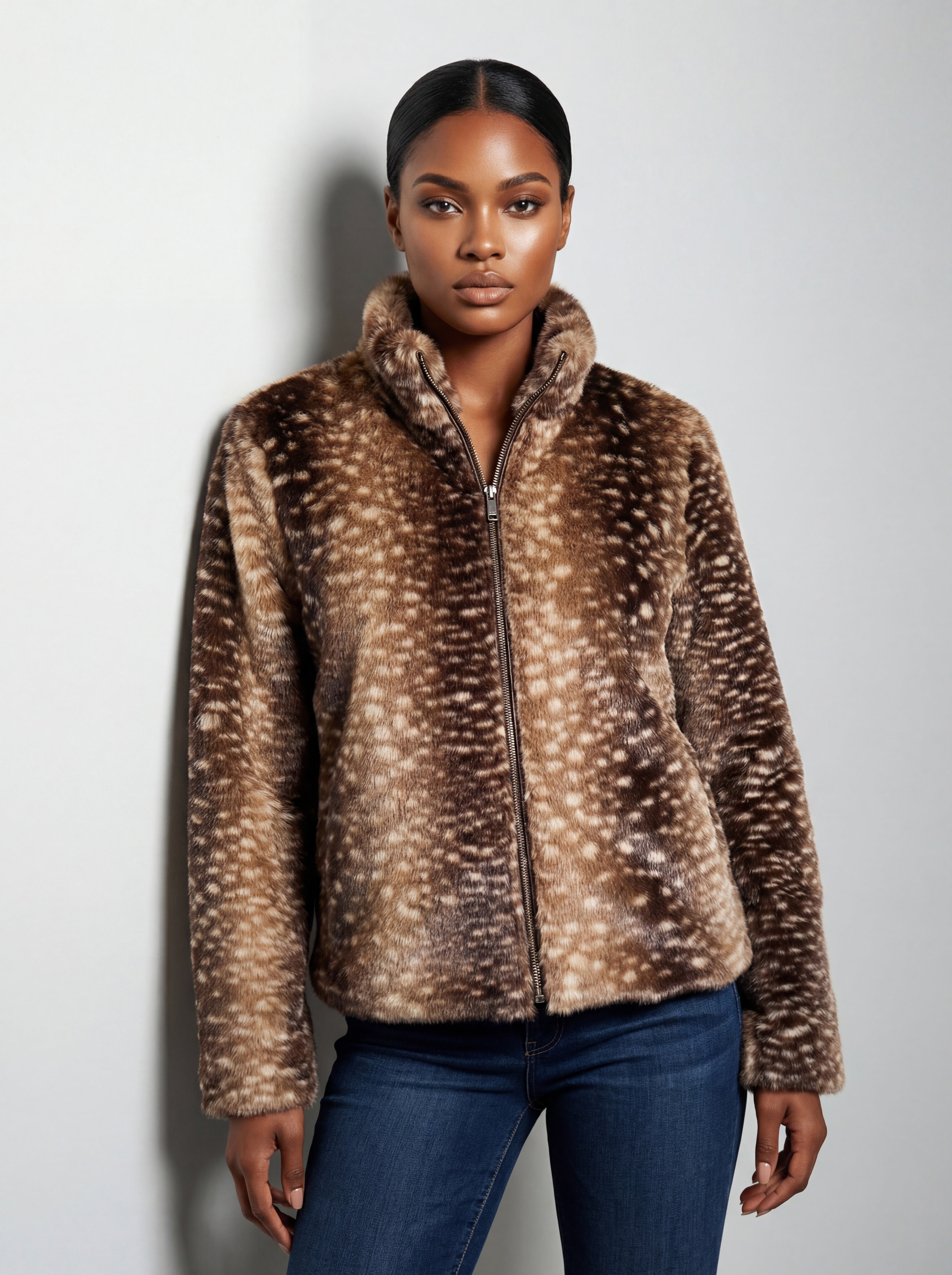 Veste chocolat en fausse fourrure à motif animalier CYC portée avec un jean
