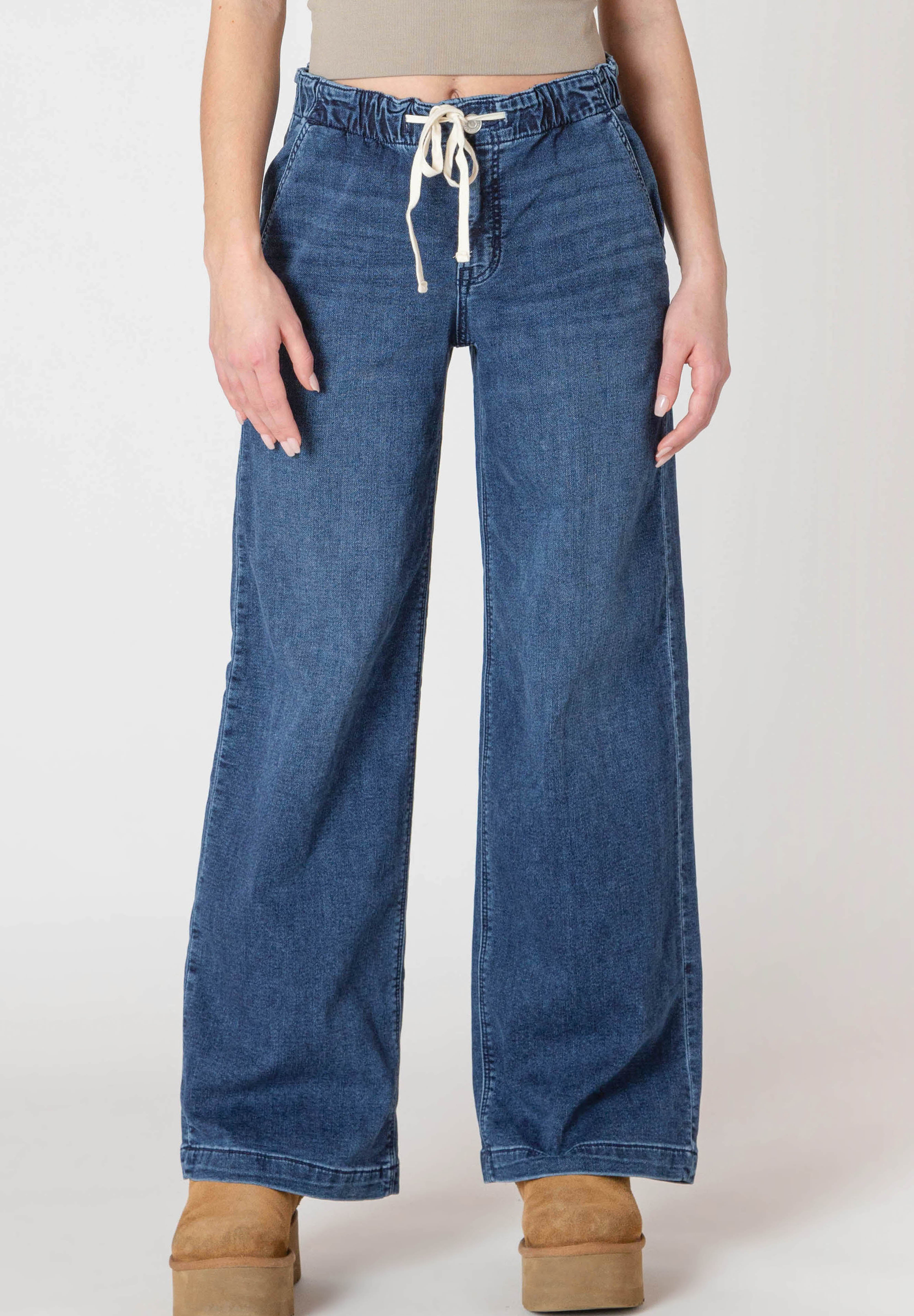 Pantalon en Tricot Denim à Jambe Large