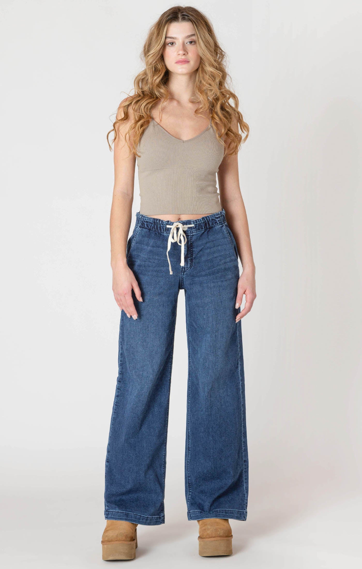 Pantalon en Tricot Denim à Jambe Large