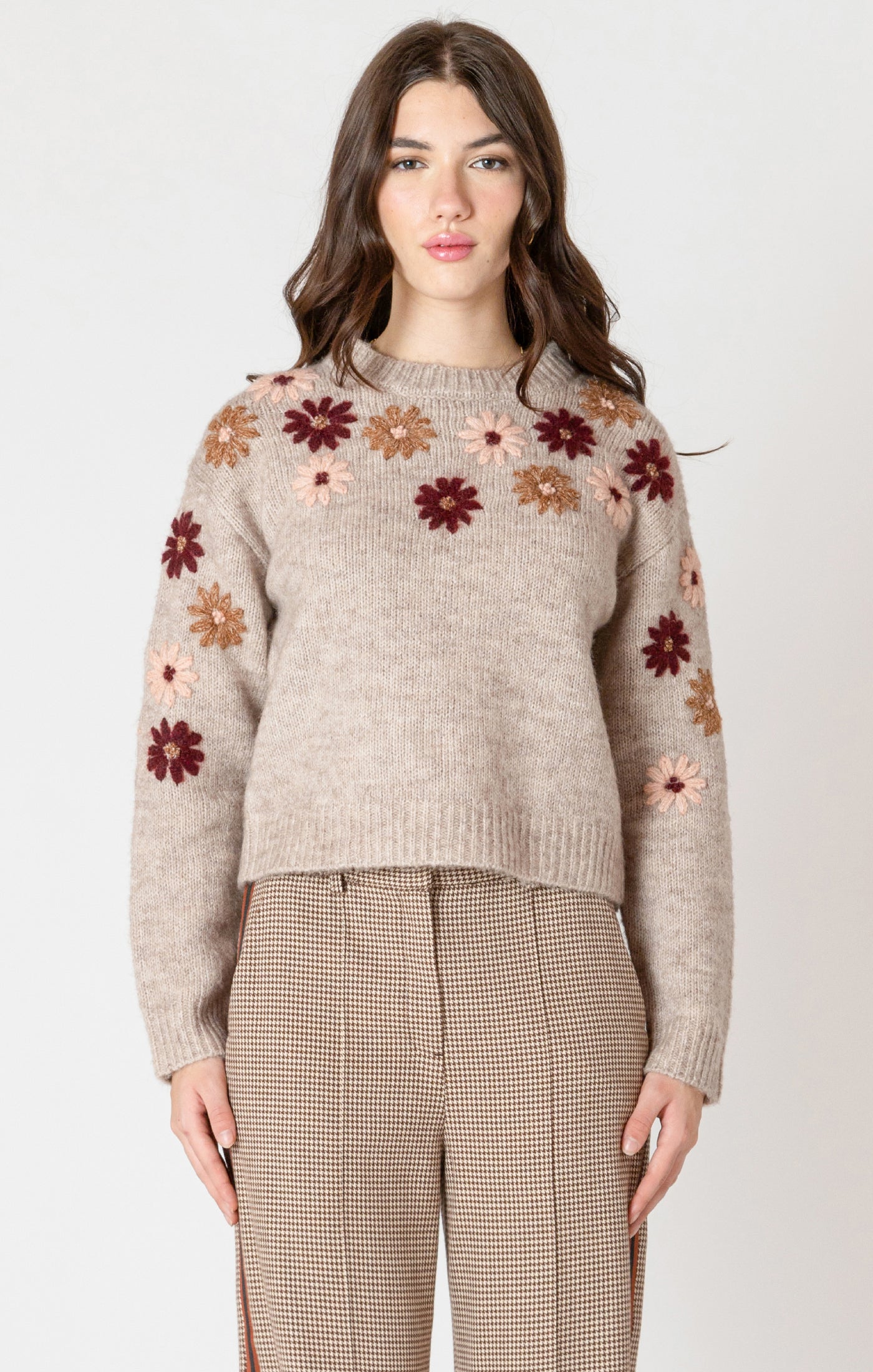 Chandail Tricot à Col Rond avec Fleurs Brodées