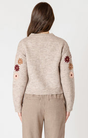 Chandail Tricot à Col Rond avec Fleurs Brodées