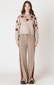 Chandail Tricot à Col Rond avec Fleurs Brodées