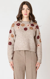"Chandail en tricot à col rond, de couleur unie (pré floral). Orné de motifs de fleurs brodées sur le devant. Composition majoritaire en polyester recyclé, avec de la laine et du spandex. Marque Black Tape."