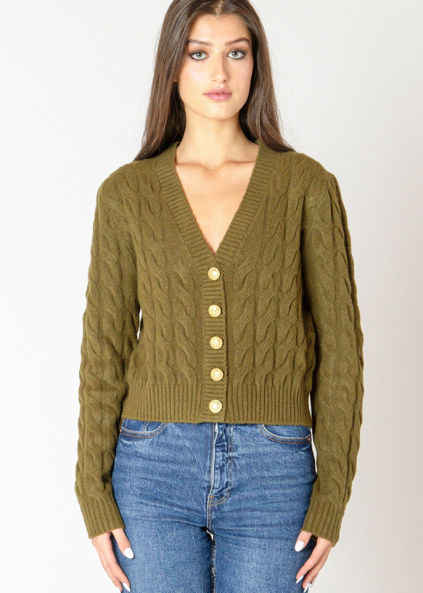 Cardigan en tricot câblé vert khaki, boutons dorés, col en V, très doux, élégant et tendance.