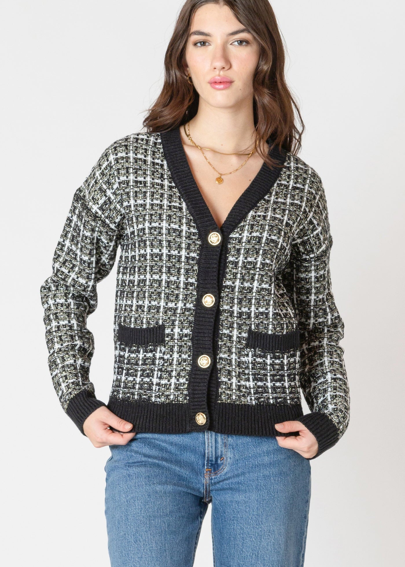 Cardigan à Carreaux et Boutons Dorés