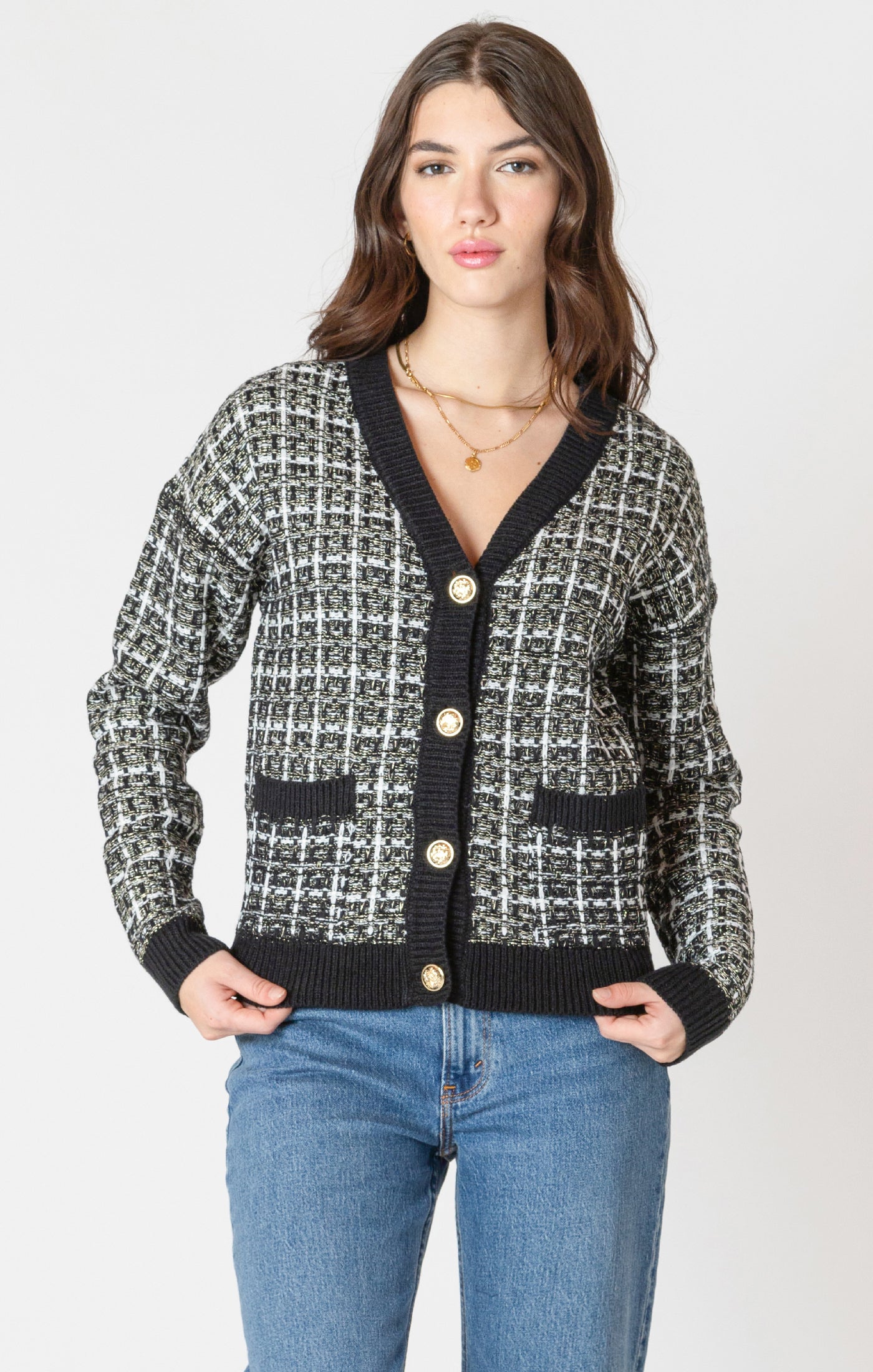 Cardigan à Carreaux et Boutons Dorés