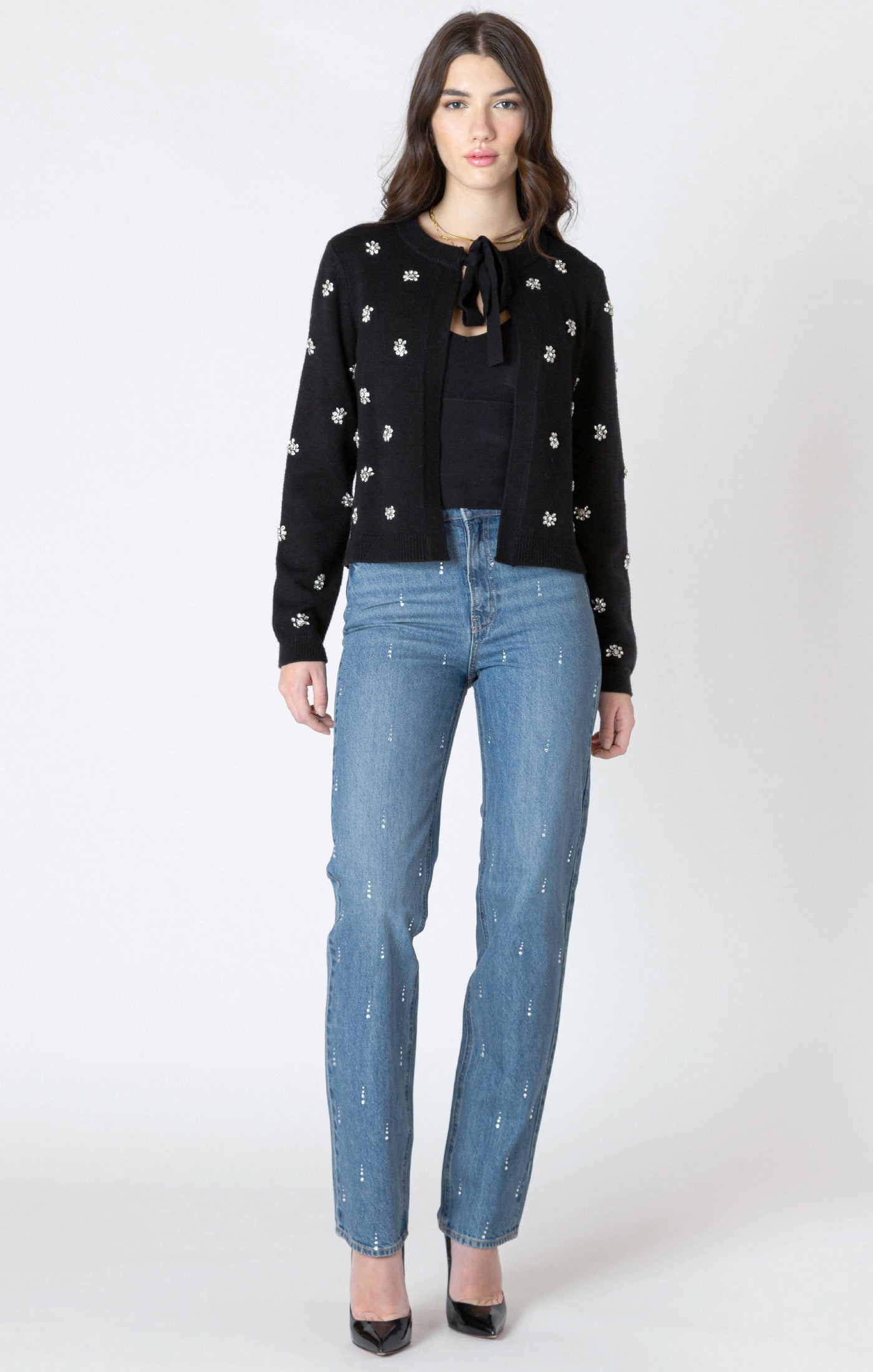 Cardigan Noué à l’Avant Orné de Strass