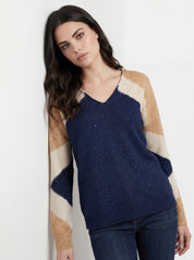 Chandail marine color block beige et ivoire CYC à col en V