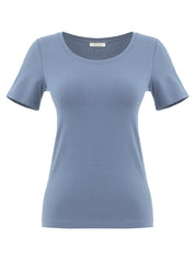 T-shirt de couleur indigo avec col en V et manches courtes, style basique élégant, confortable et idéal sous un veston.