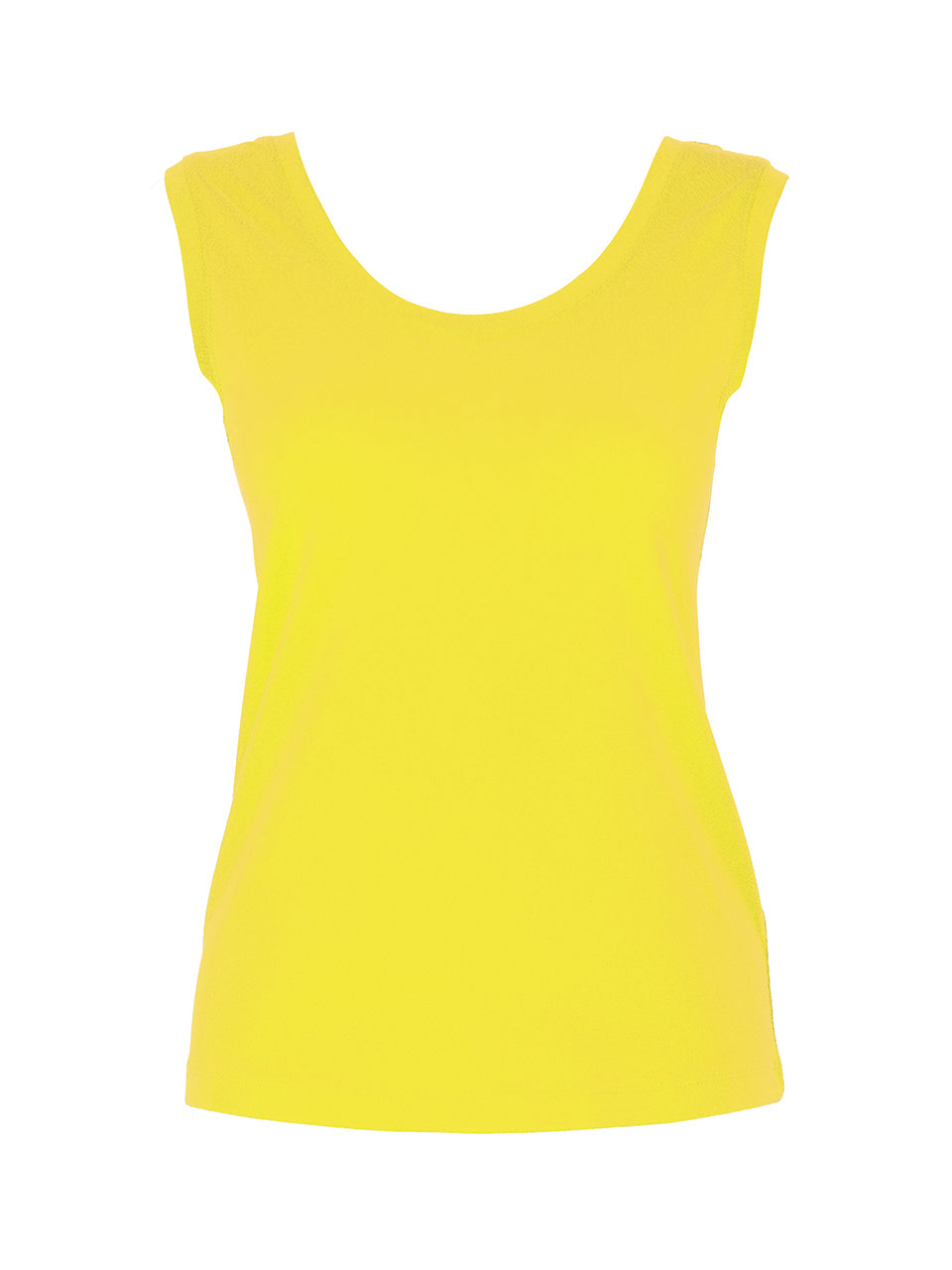 Camisole jaune à col rond, tissu doux et confortable en coton avec légère élasticité, style estival et polyvalent.