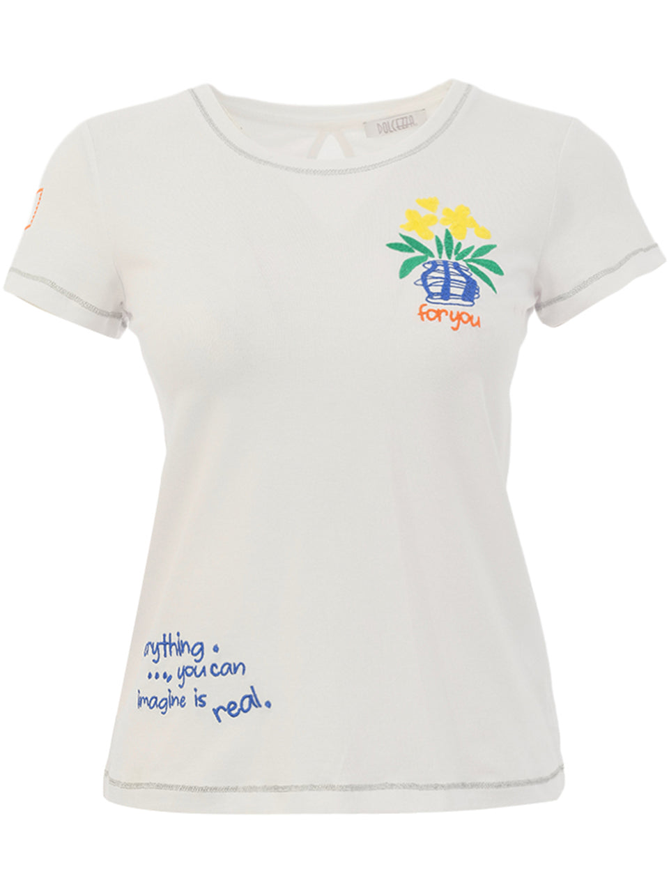 T-shirt de couleur blanc avec motif cœur au dos, détails de paillettes et coutures argentées au col, manches et bas, style élégant et confortable.