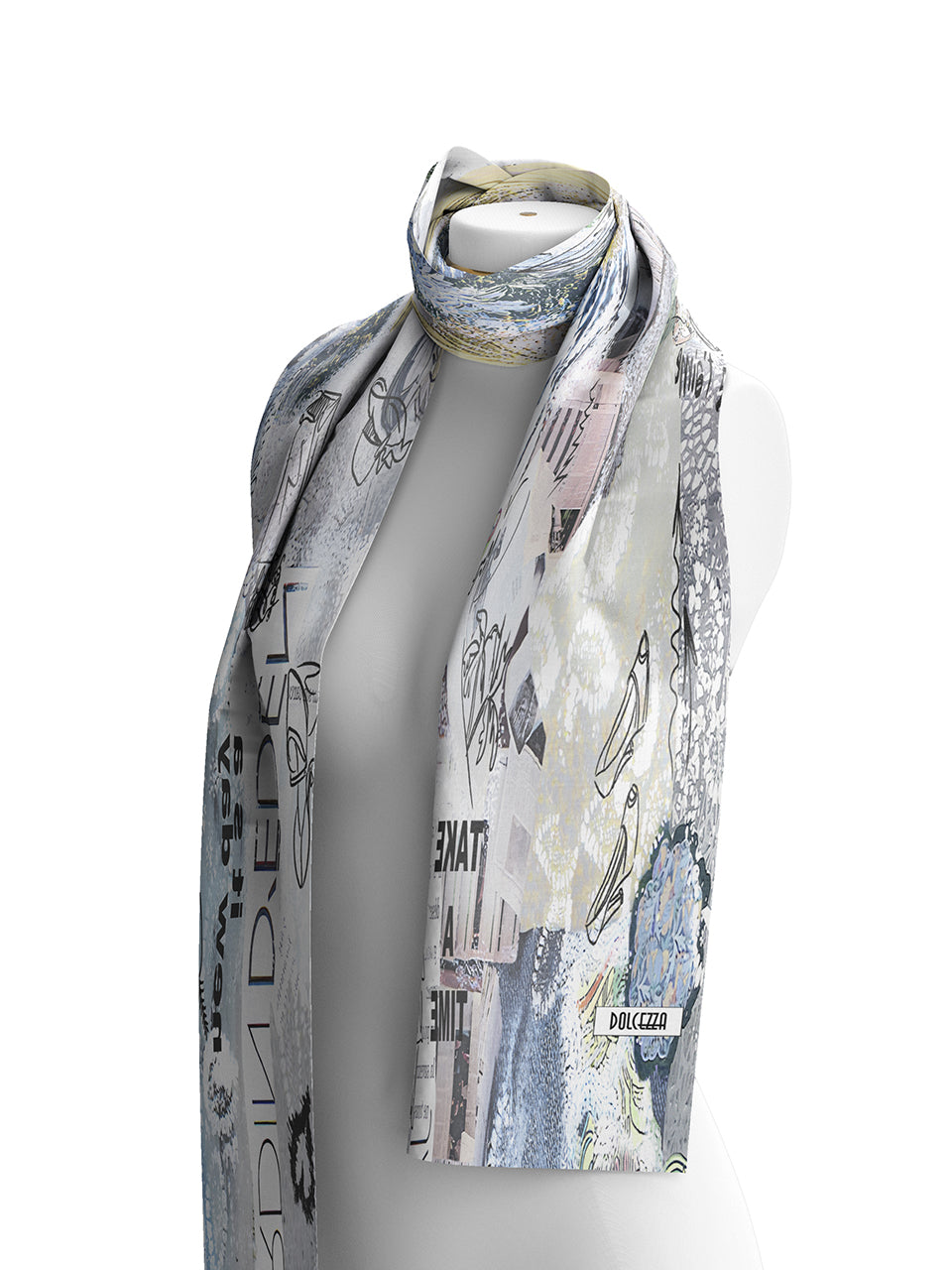 Foulard artistique bleu imprimé inspiré d’une œuvre de Majella Leblanc, tissu fluide en viscose, style élégant et féminin.