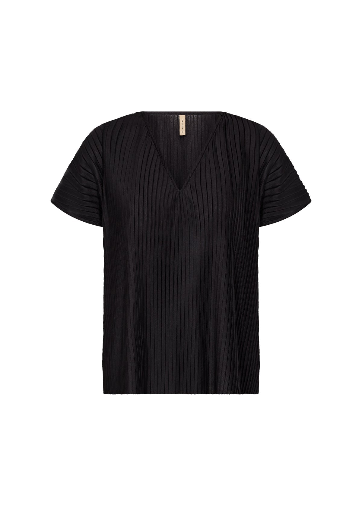 Top léger plissé pour femme, de couleur noir, avec un col en V. Composé de polyester et de viscose. Marque Soyaconcept.
