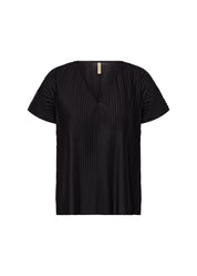 Top léger plissé pour femme, de couleur noir, avec un col en V. Composé de polyester et de viscose. Marque Soyaconcept.