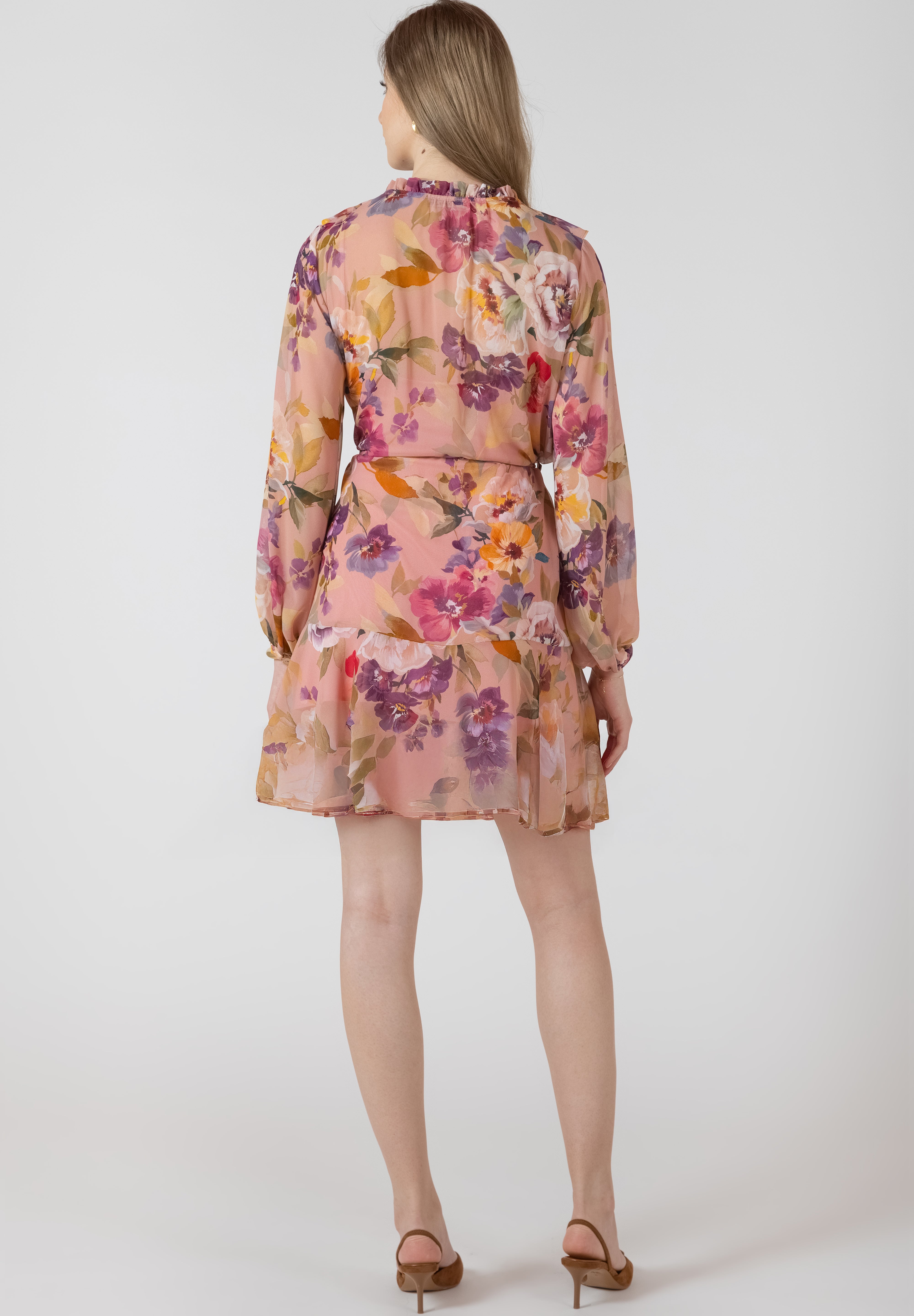 Robe Courte Ceinturée à Volants Imprimé de Fleurs