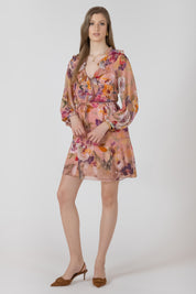 Robe Courte Ceinturée à Volants Imprimé de Fleurs