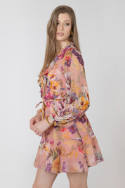 Robe Courte Ceinturée à Volants Imprimé de Fleurs