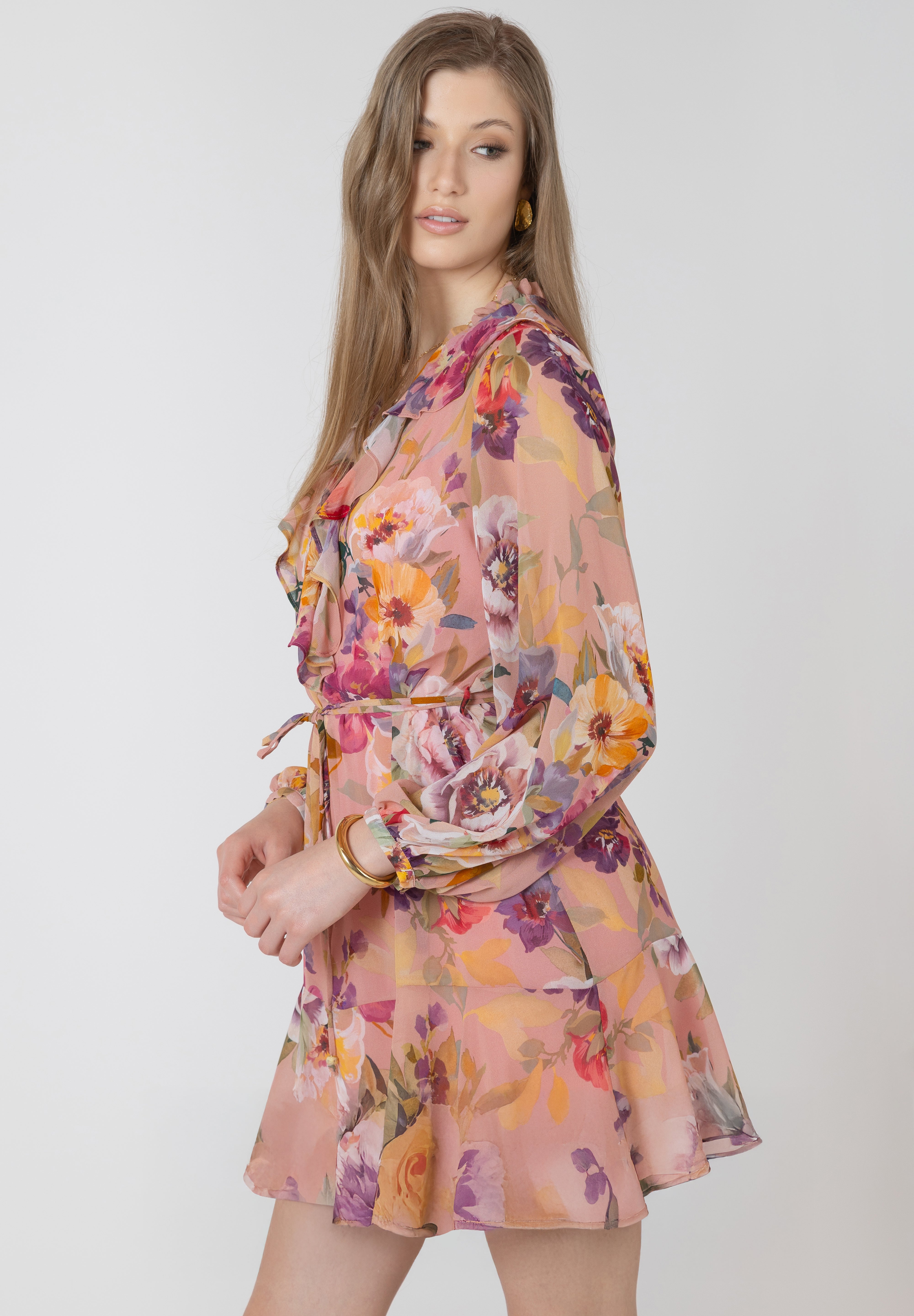 Robe Courte Ceinturée à Volants Imprimé de Fleurs